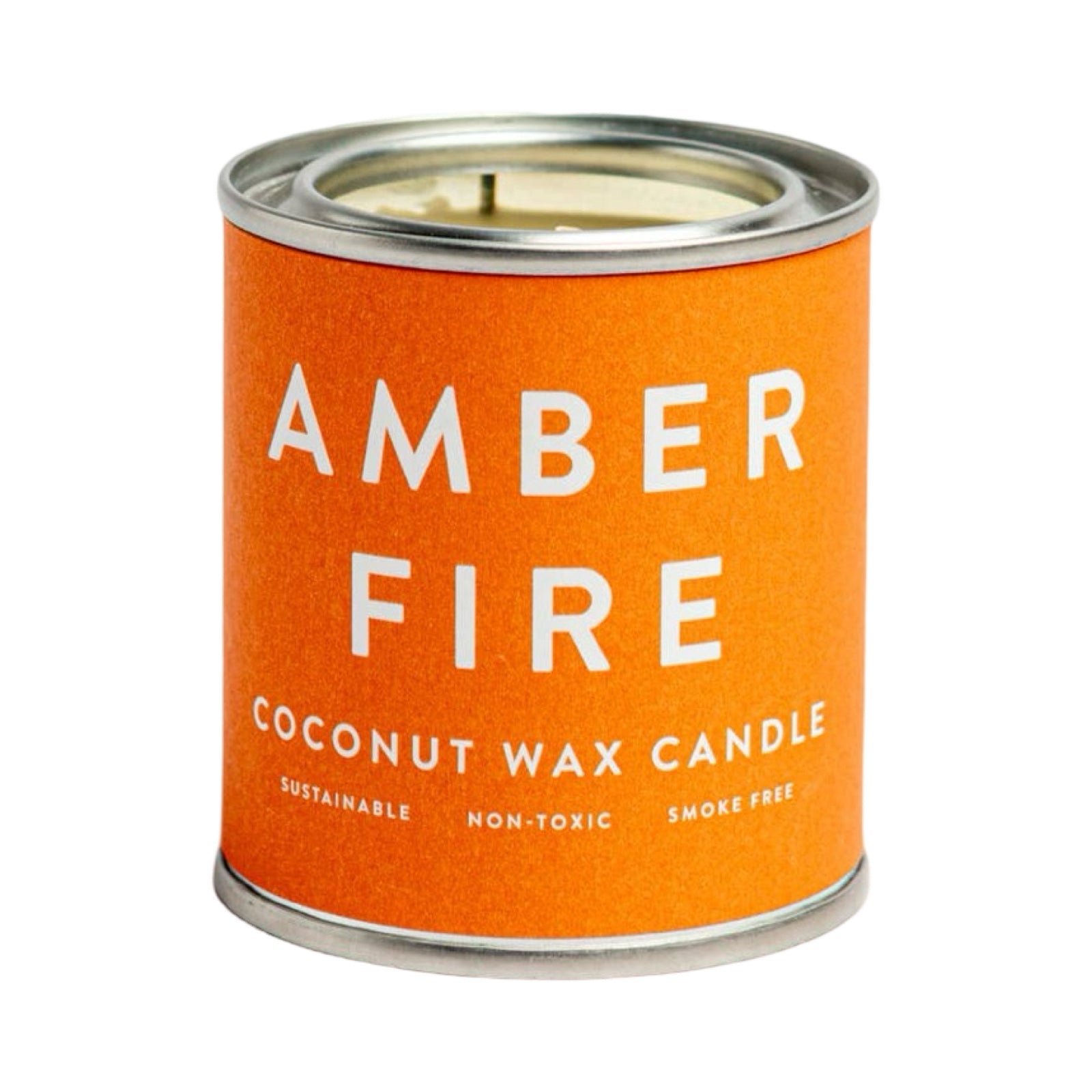 amber fire scented coconut wax candle in a small paint tin with an orange  label