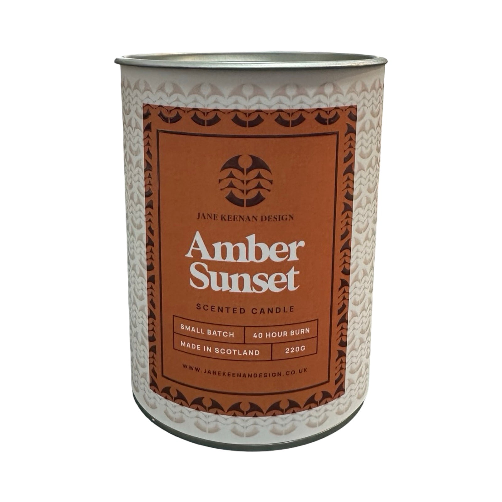 Candle container with 'Amber Sunset' label on a white background.