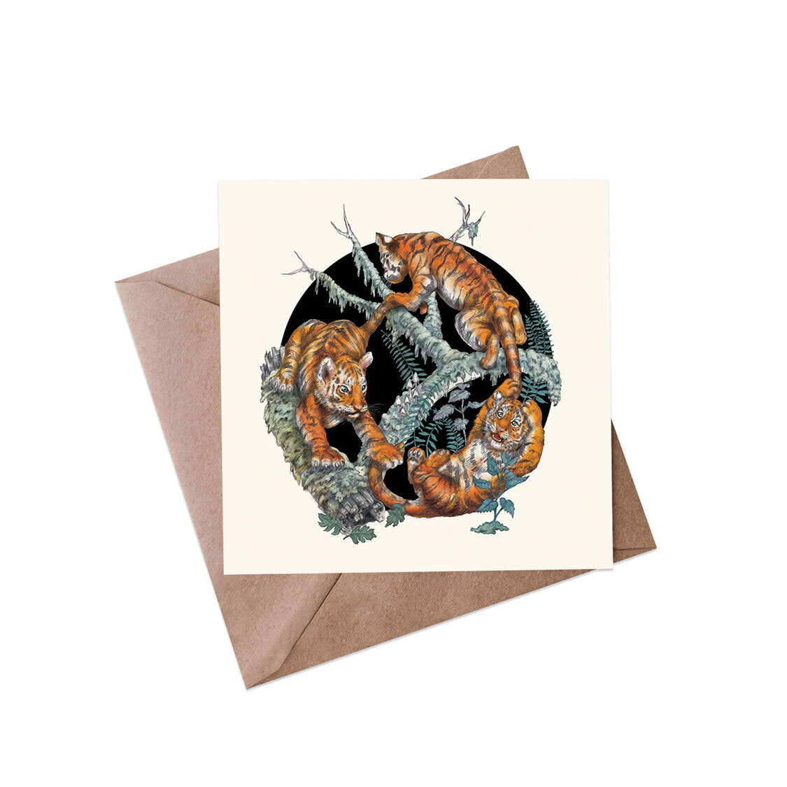 Amur Tiger Cubs blank greeting card with kraft brown envelope.