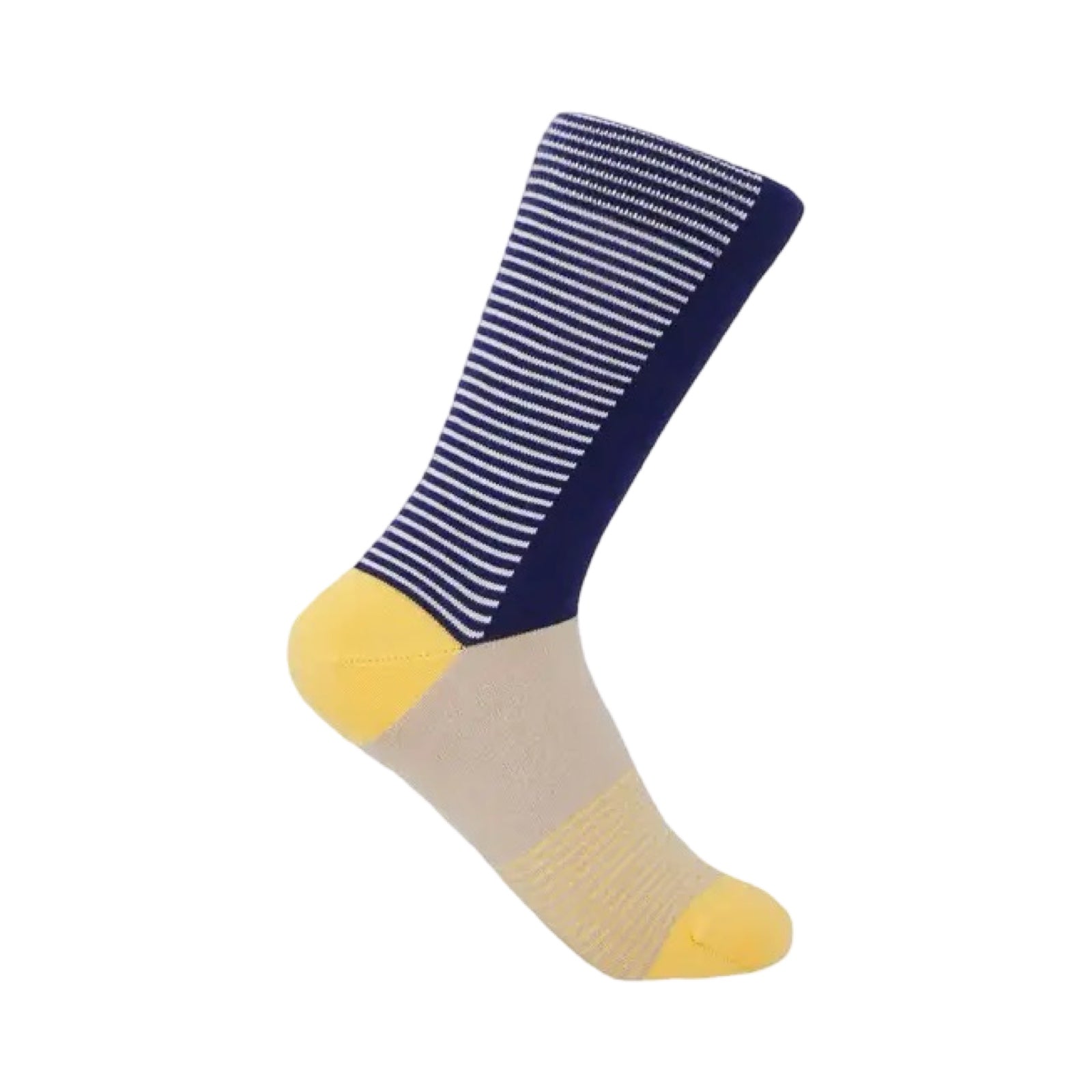 Ladies socks with a navy front, navy and white striped back, cream foot with some yellow stripes and yellow toes and heels.