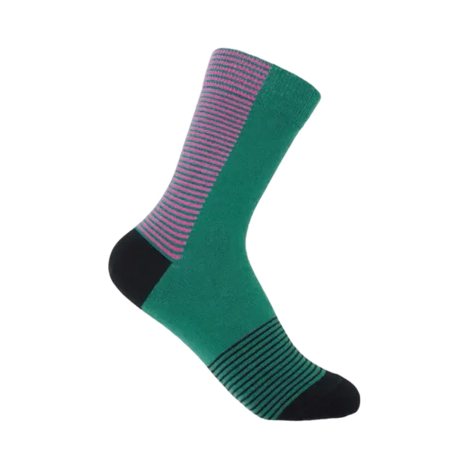 Ladies socks with a green front, teal and pink striped back, green foot with some black stripes and black toes and heels.