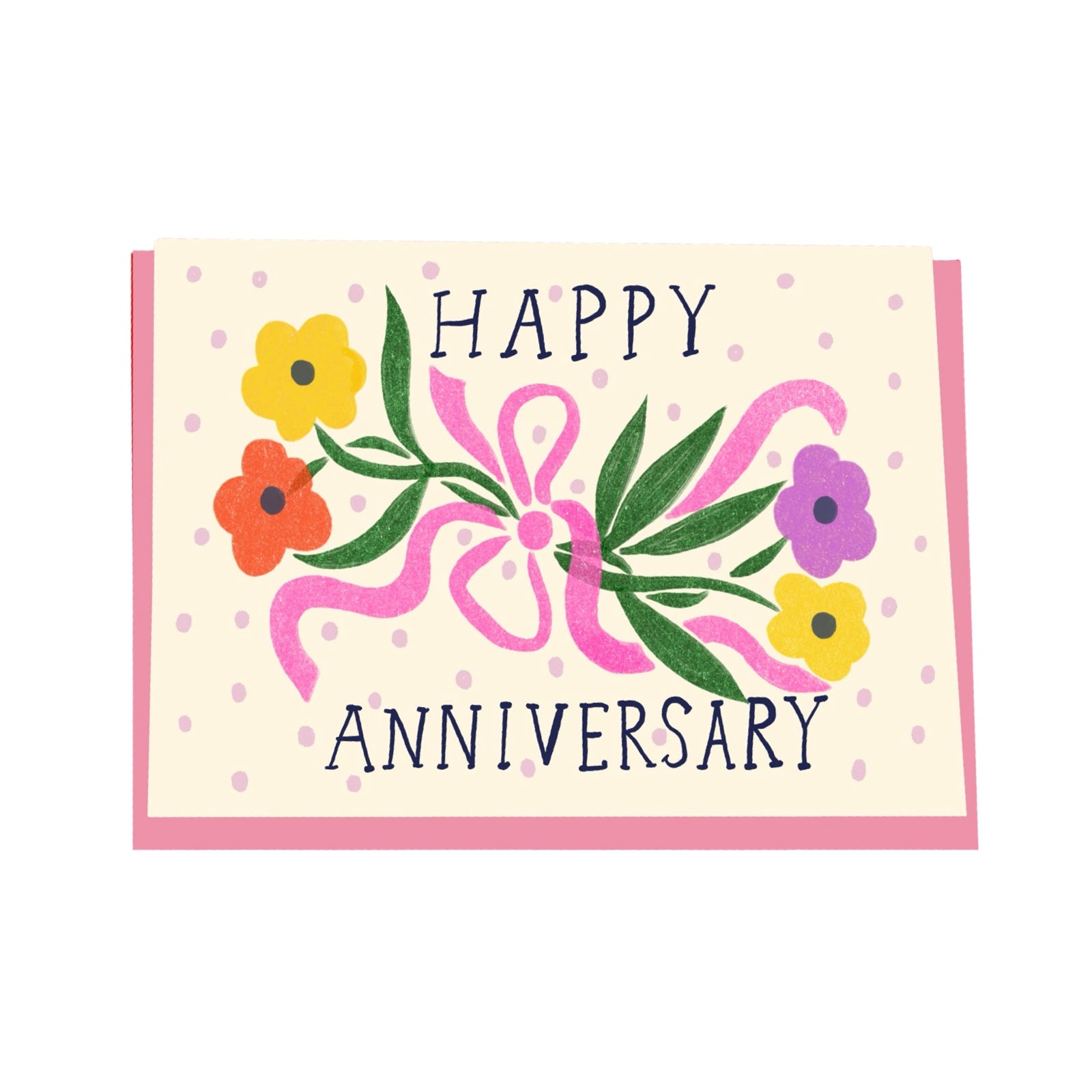 Anniversary card featuring a large posy of colourful flowers against a cream background with the text 'Happy Anniversary'.