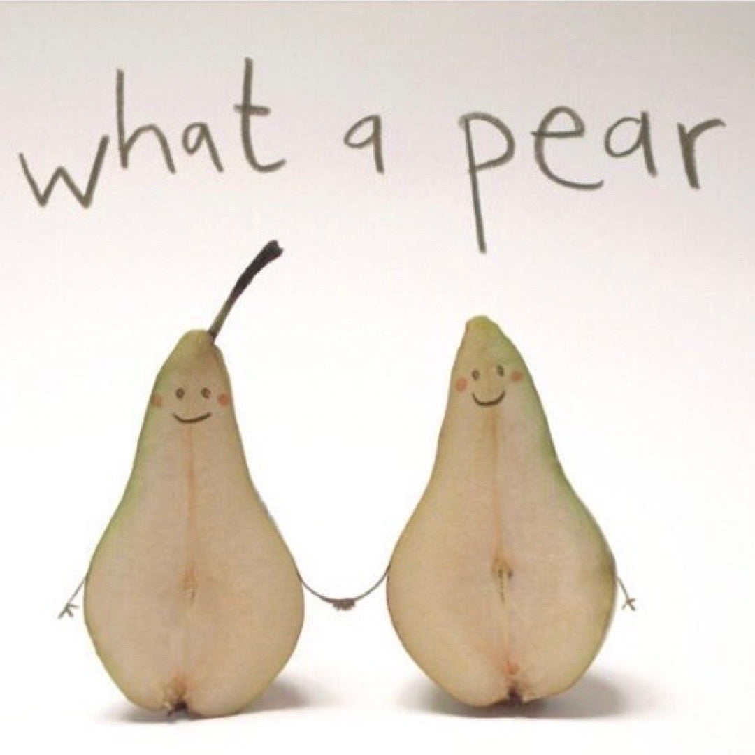 Two cartoon pears with smiling faces and the text 'What a pear' on a white background.
