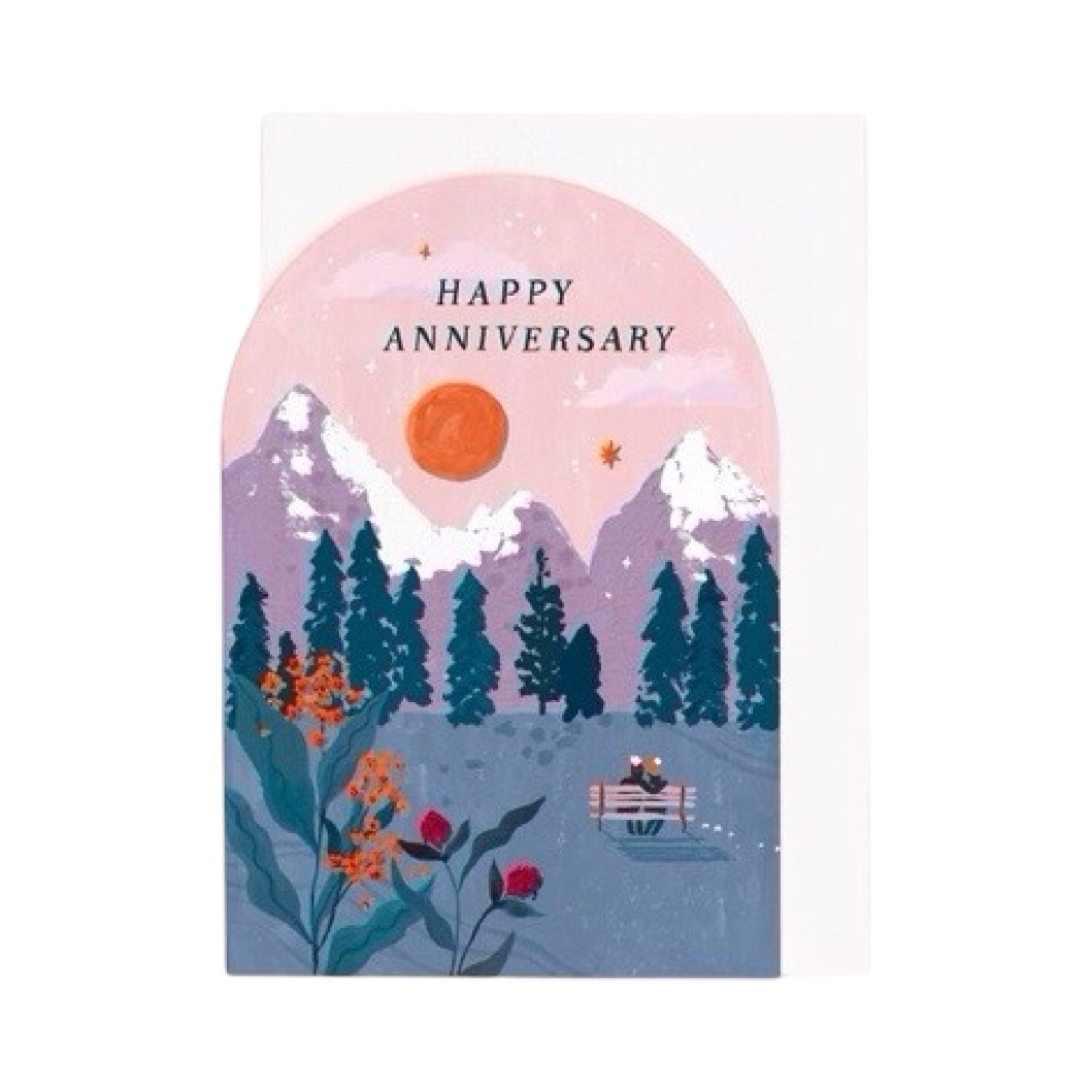 This anniversary card features an illustration of a couple sitting on a bench, enjoying a sunset in a gorgeous mountain park