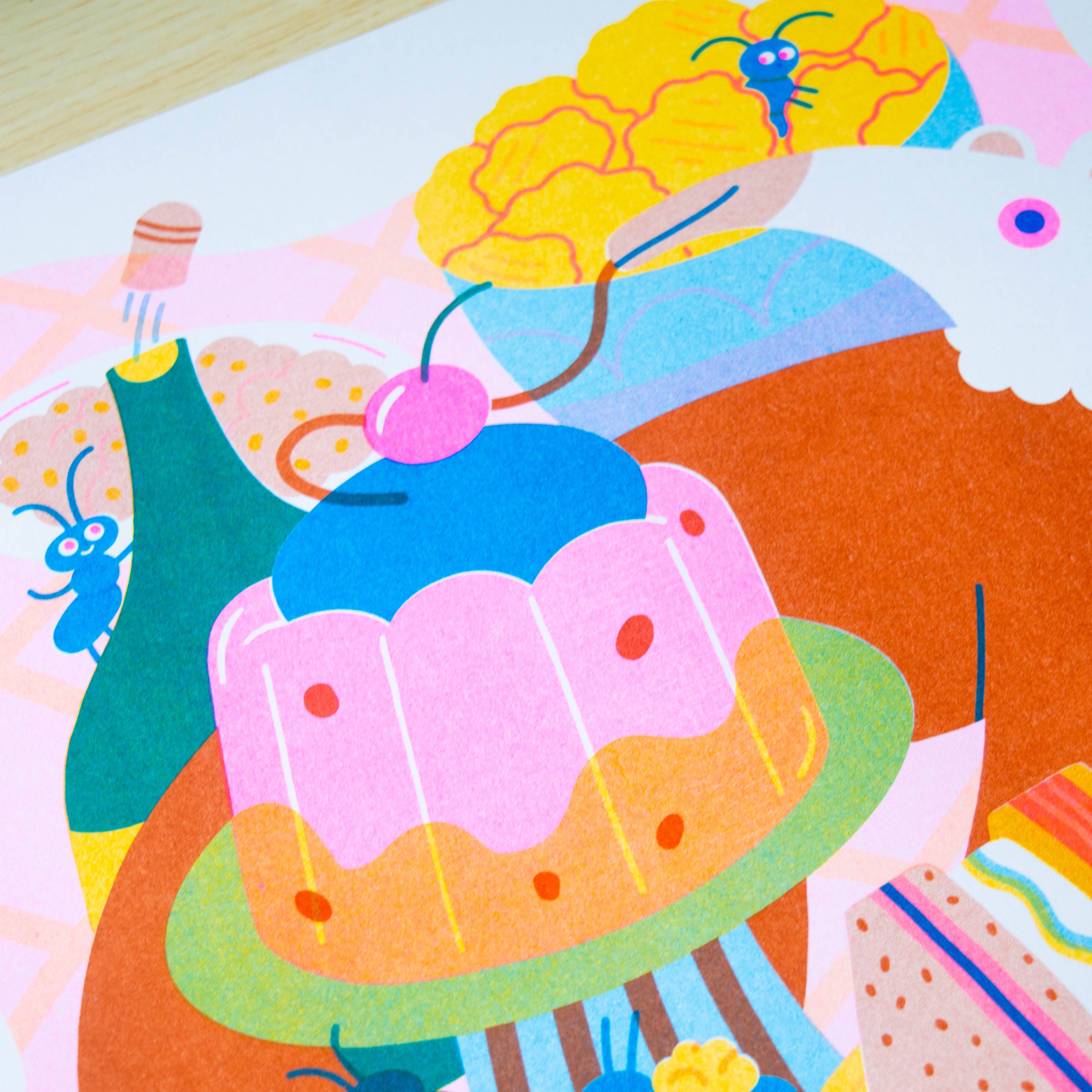Colorful illustration of a cake with cherry on top and a bottle, on a white background.