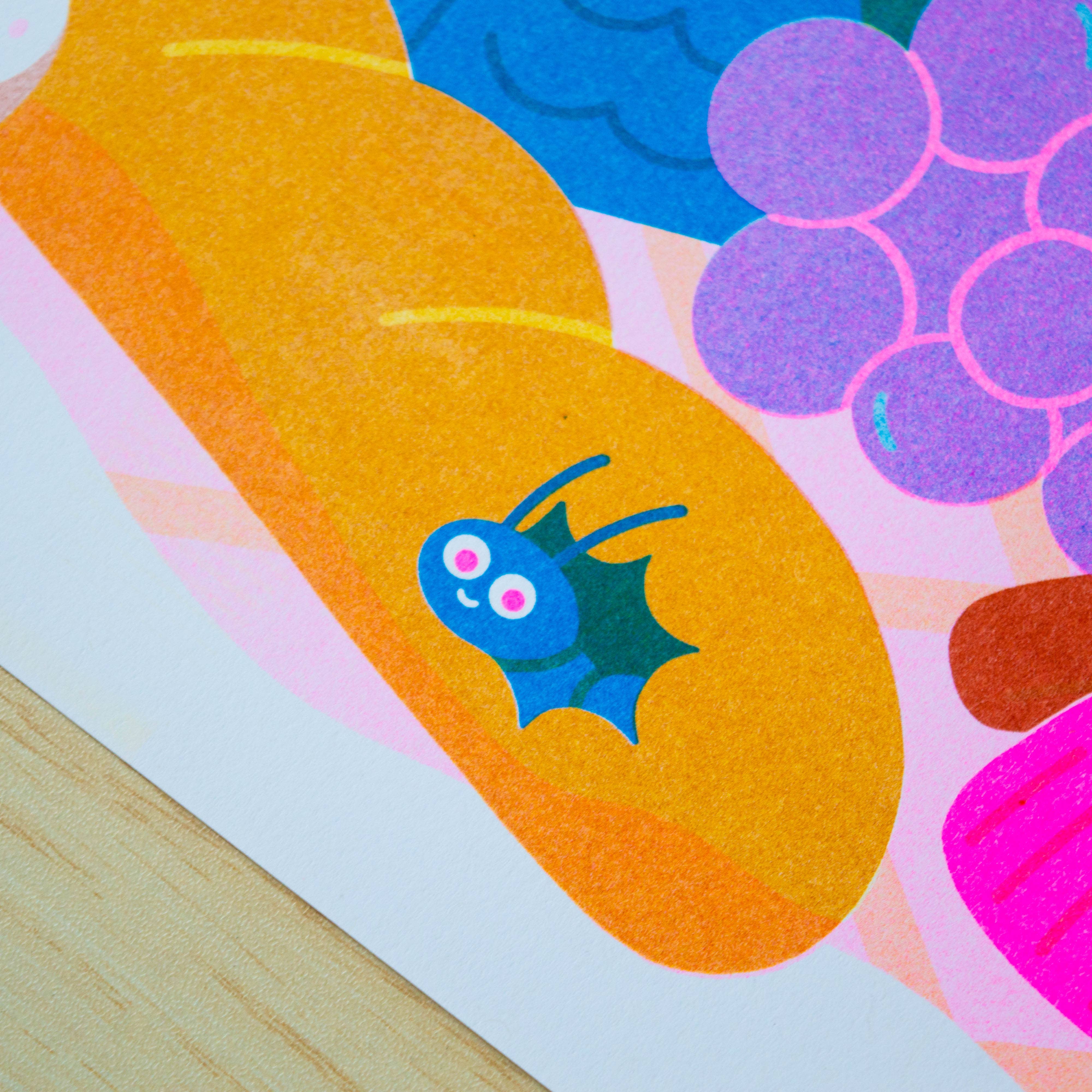 Colorful abstract art with a blue caterpillar on an orange background.