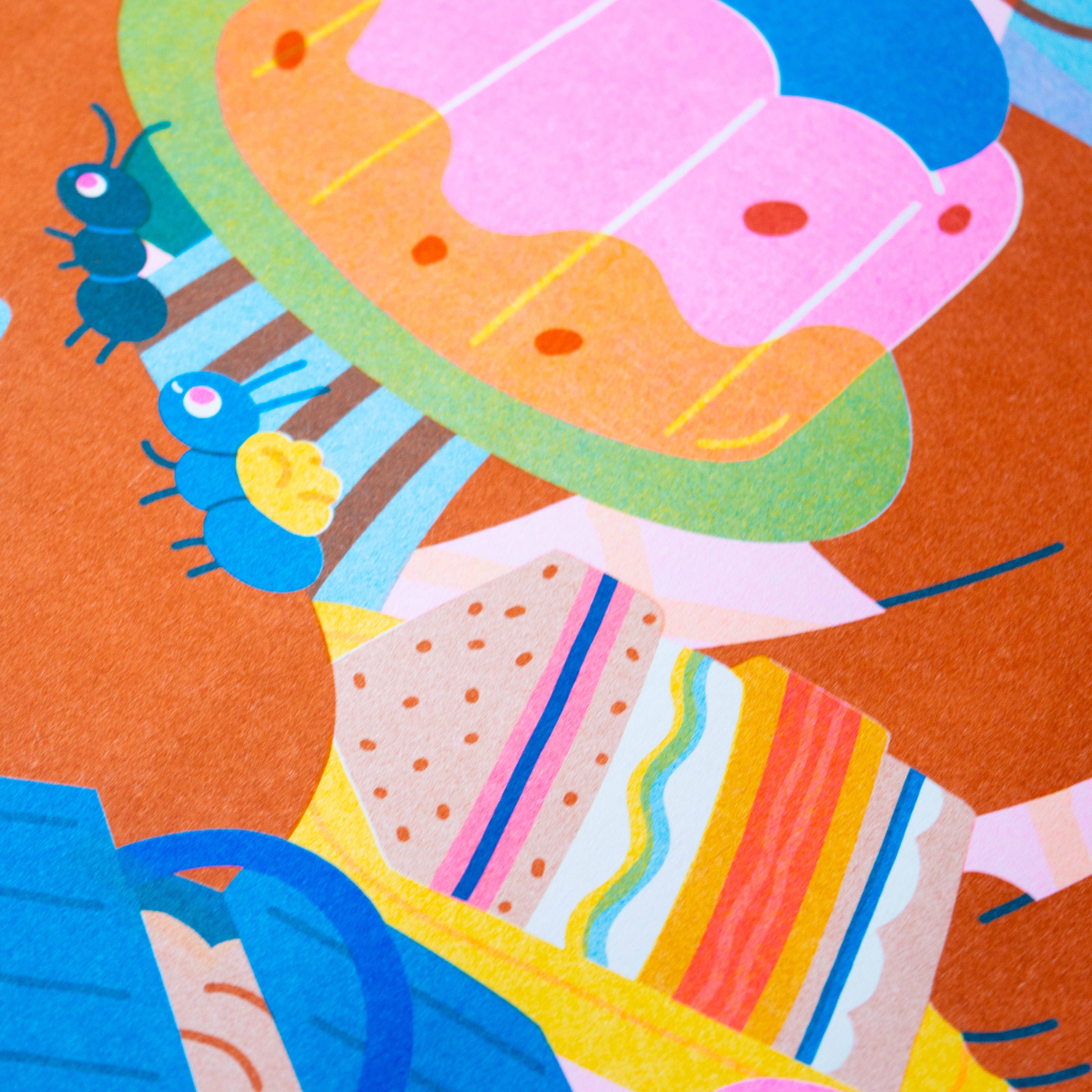 Colourful illustration of a cake and sandwich on an orange background.