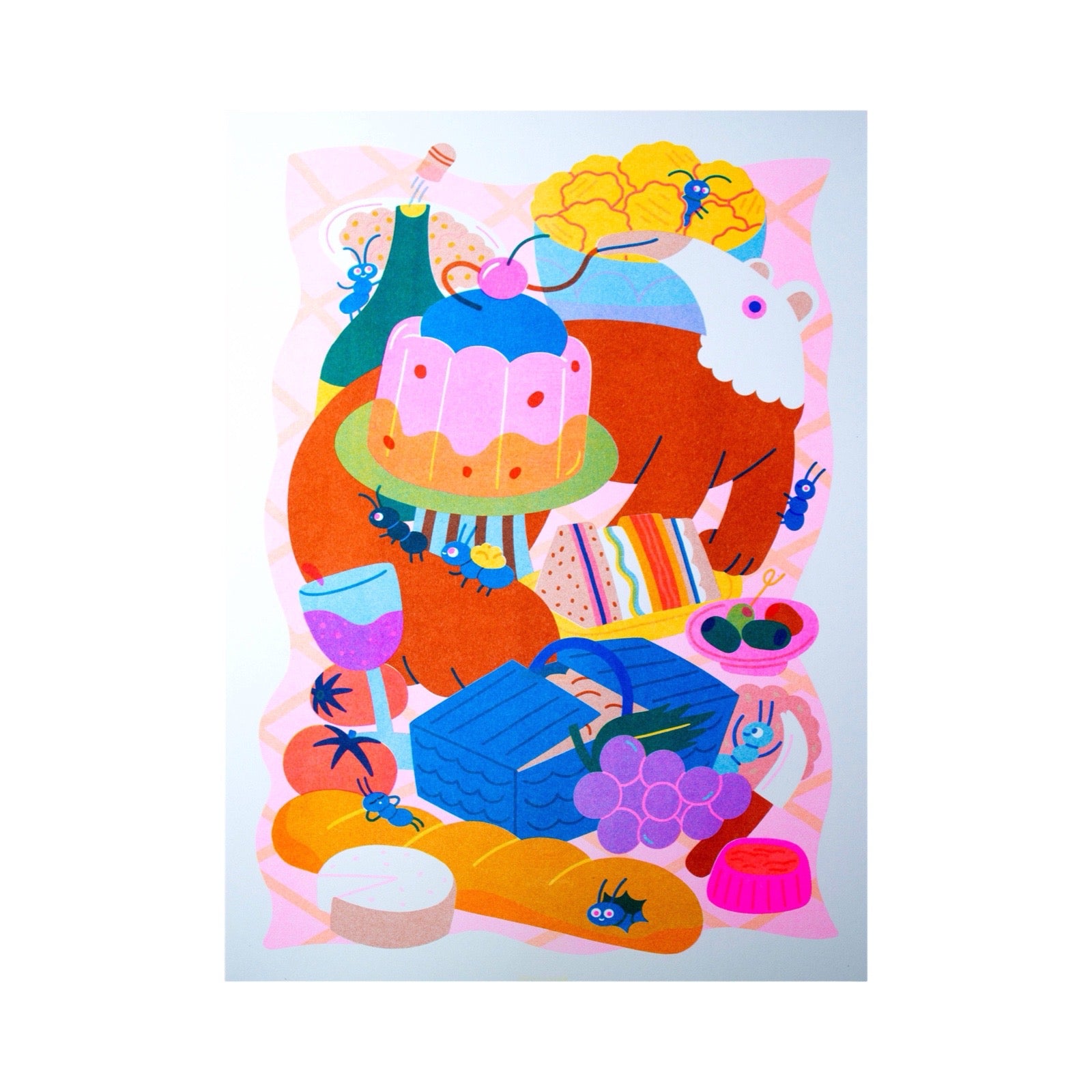 Colourful illustration of a cake, grapes, and other items on a white background.