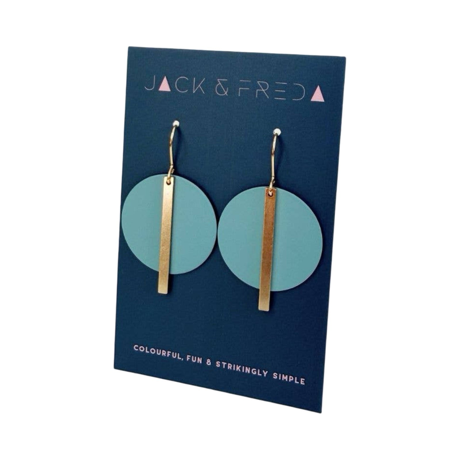 Earrings on a Jack & Fred branded card with blue background.