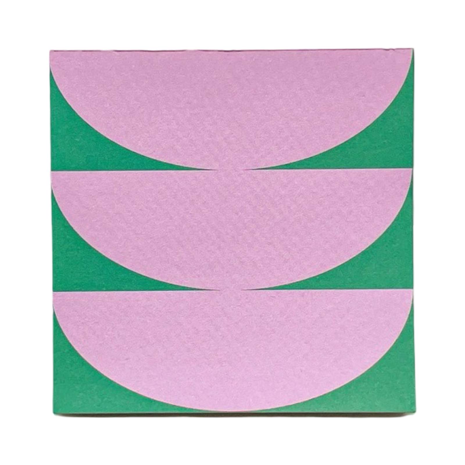 Card with geometric design of pink and green semi-circles on a white background.