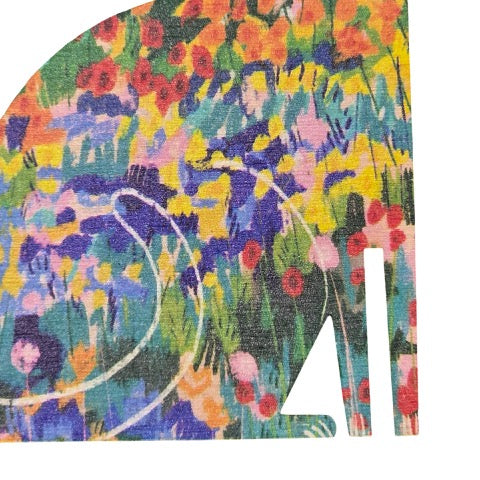 Cat-shaped wooden decoration featuring an illustration of colourful flowers in a garden, inspired by the Vincent Van Gogh painting 'The Garden at Arles'.