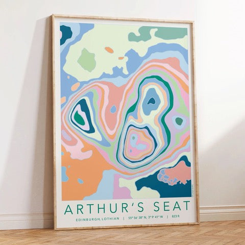 Colourful topography map print of Arthur's Seat in Edinburgh.