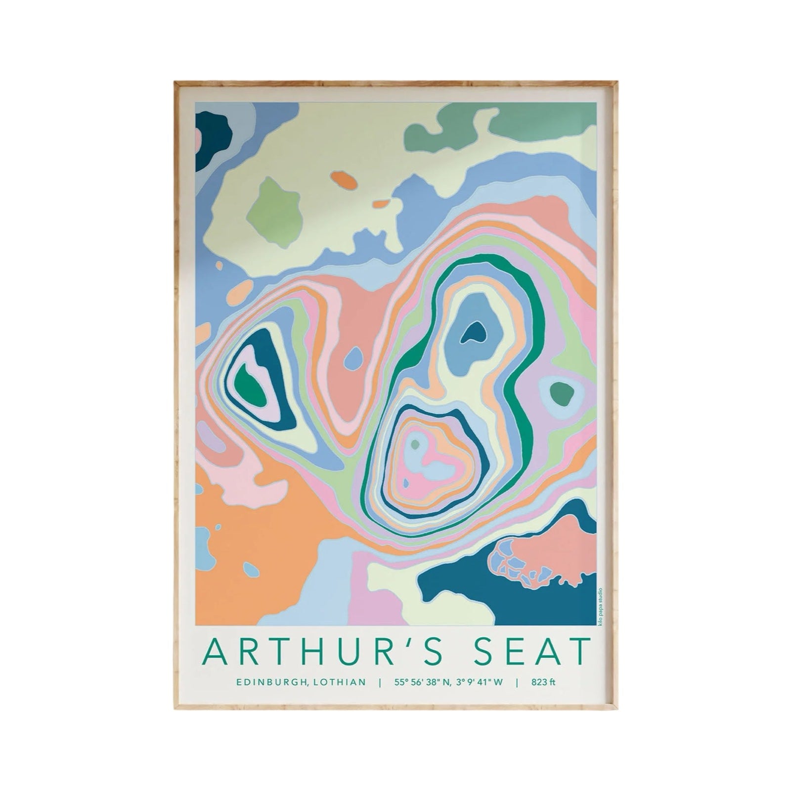 Colourful topography map print of Arthur's Seat in Edinburgh.