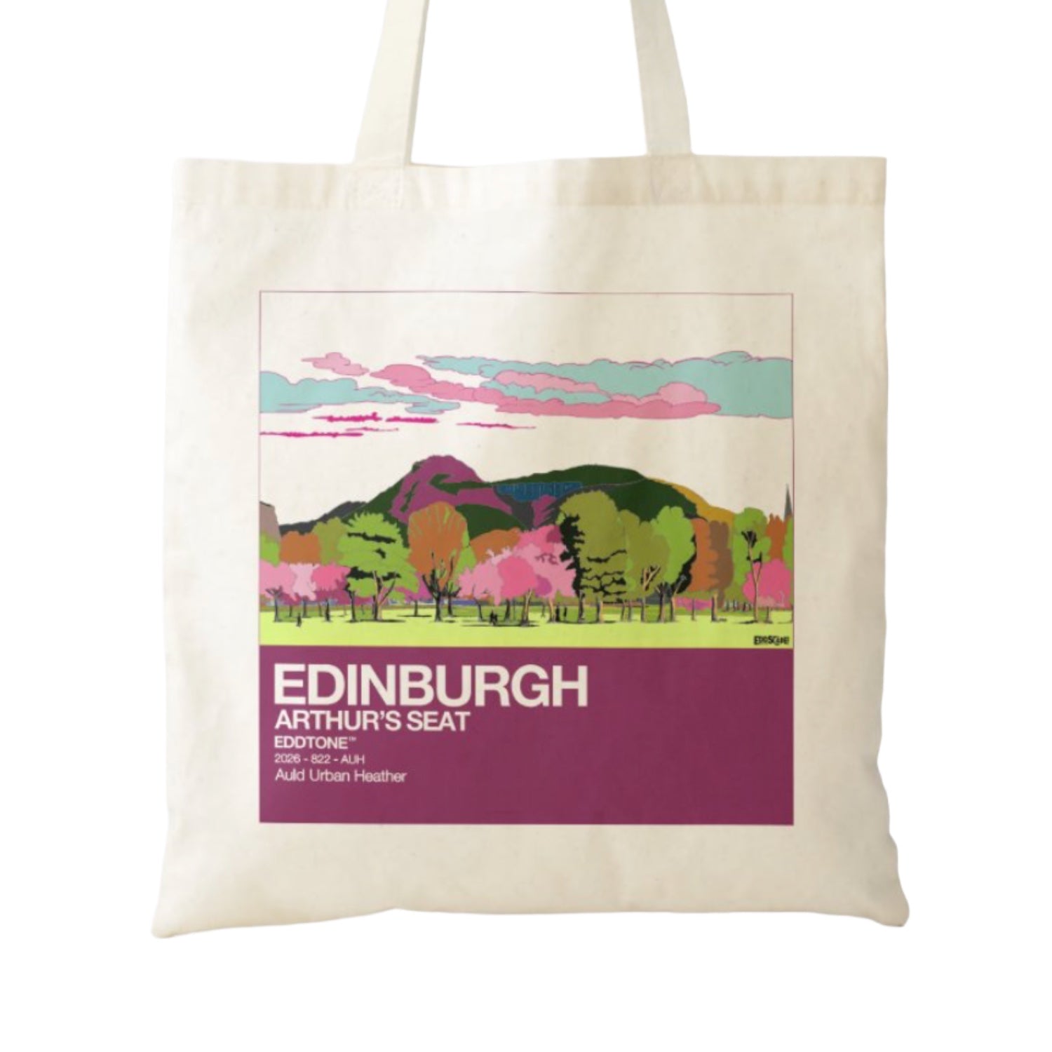 This tote bag features a square design of an illustration of Arthur's Seat, Edinburgh