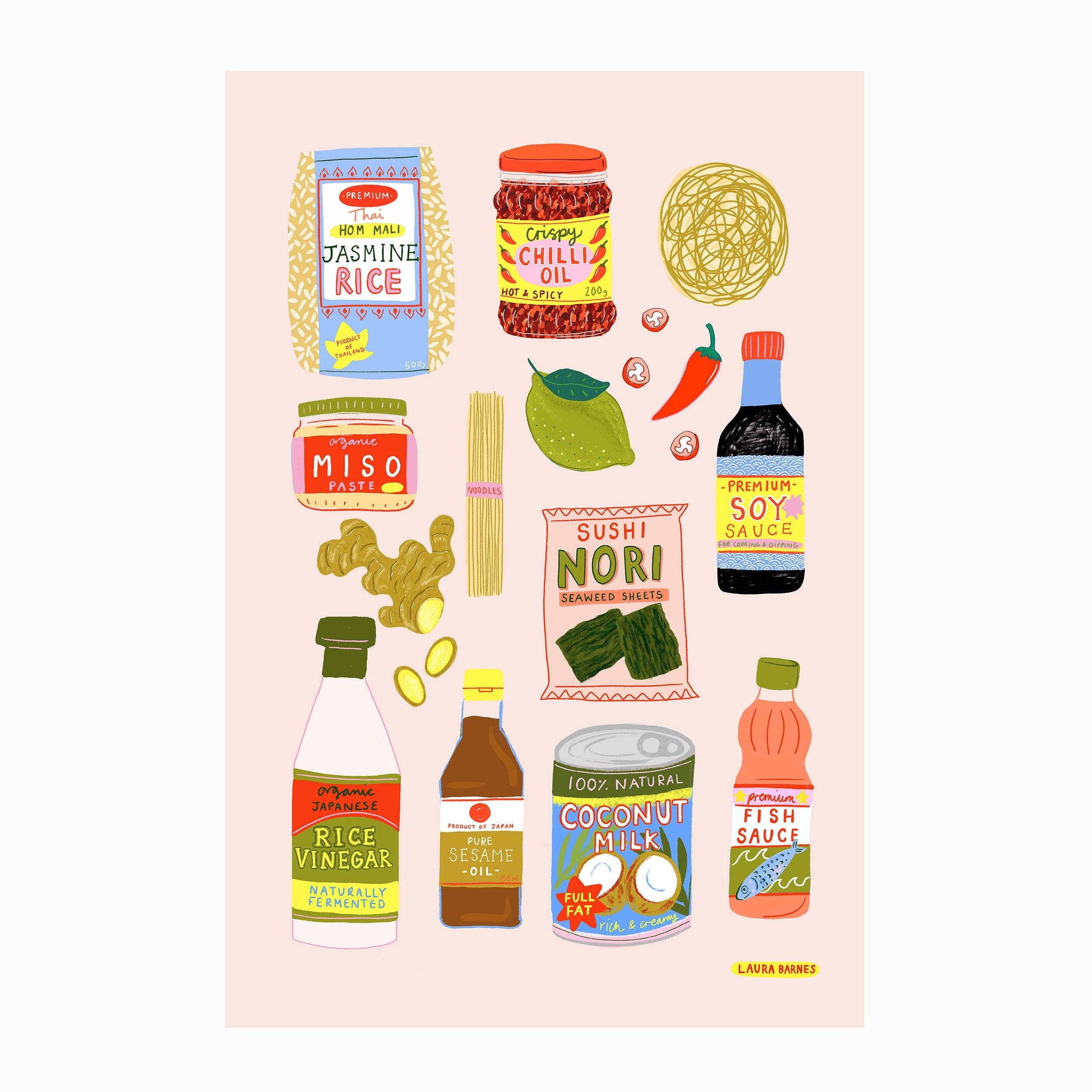 Illustrations of various ingredients and condiments on a pink background.