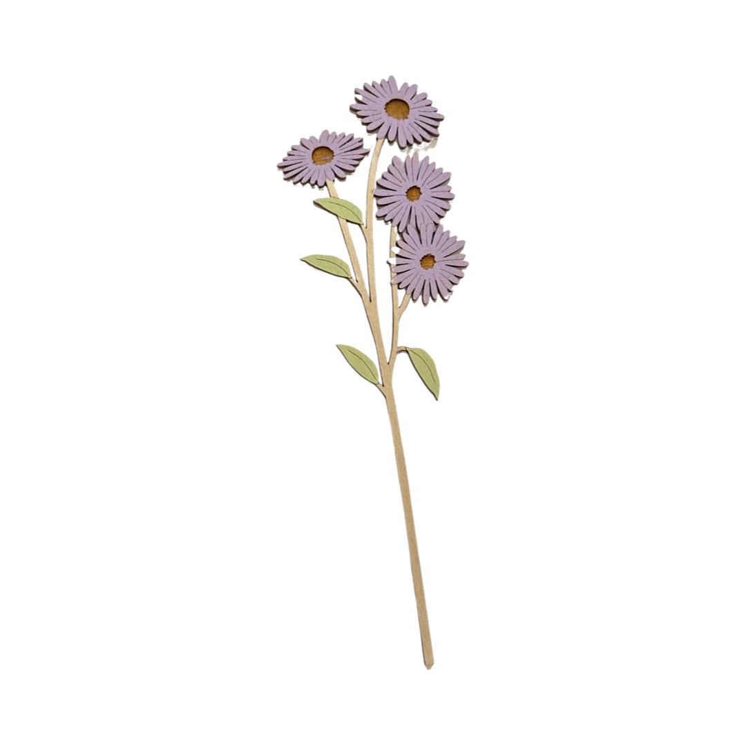 Single wooden stem with 4 lilac aster flowers.