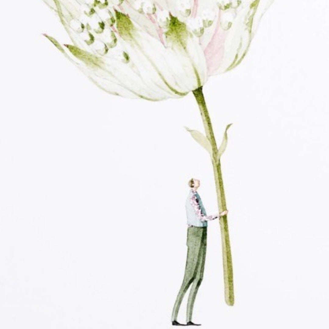 Illustration of a person holding a large flower against a white background.