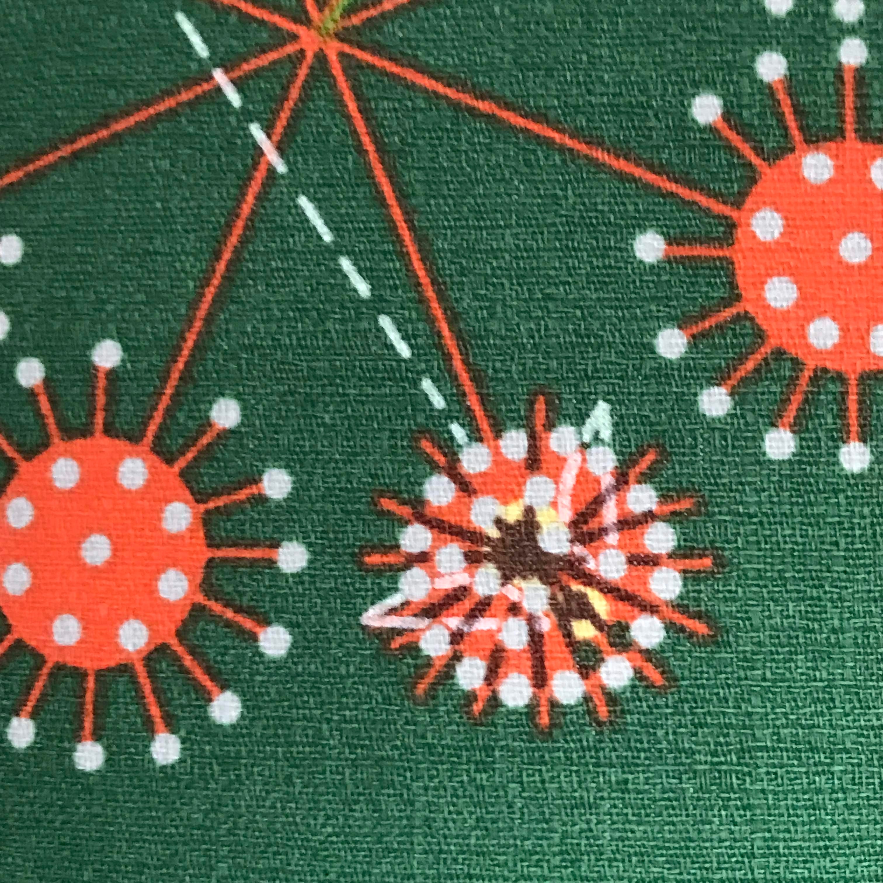Handmade drum lampshade covered in gorgeous Charley Harper green barkcloth with retro orange clusters.