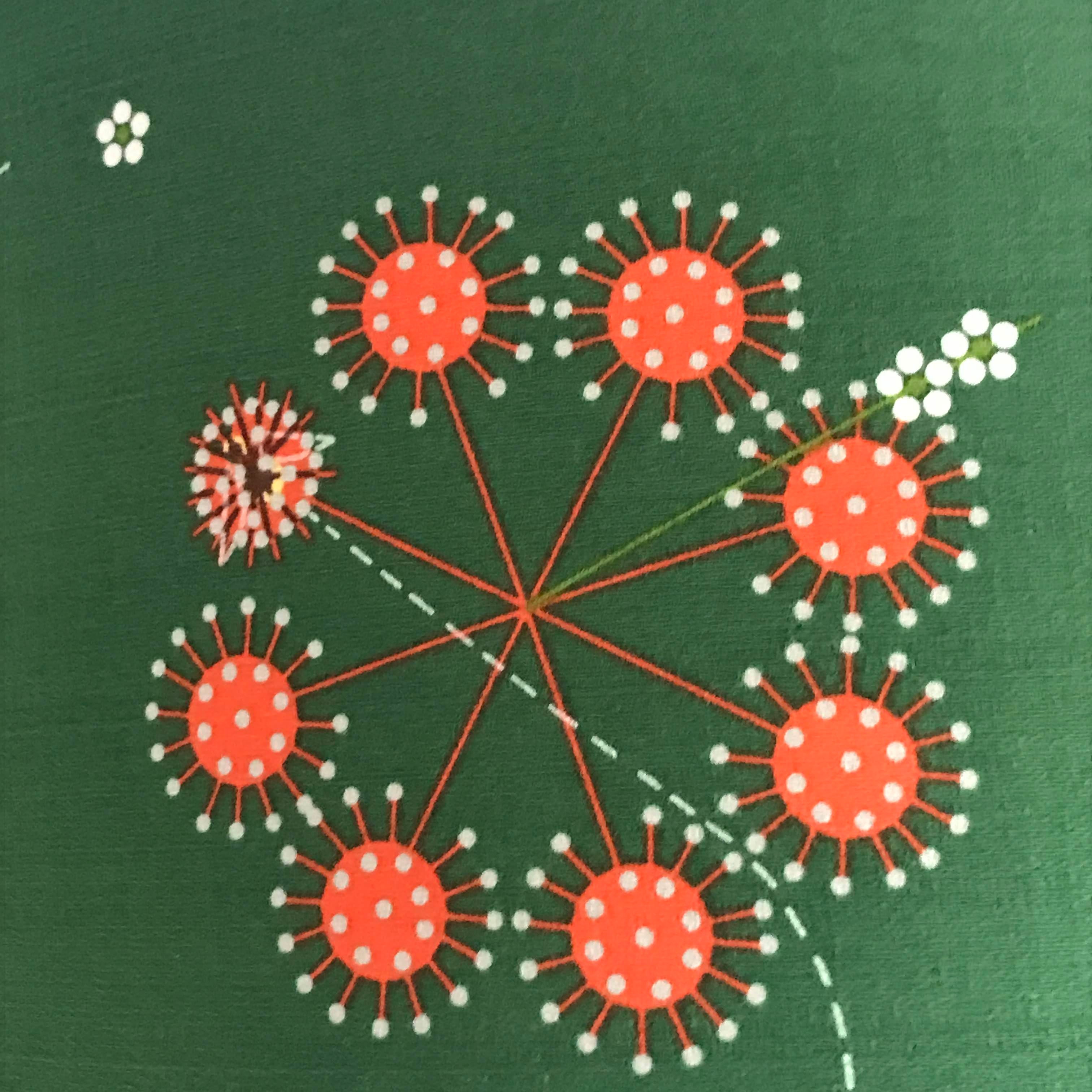 Handmade drum lampshade covered in gorgeous Charley Harper green barkcloth with retro orange clusters.