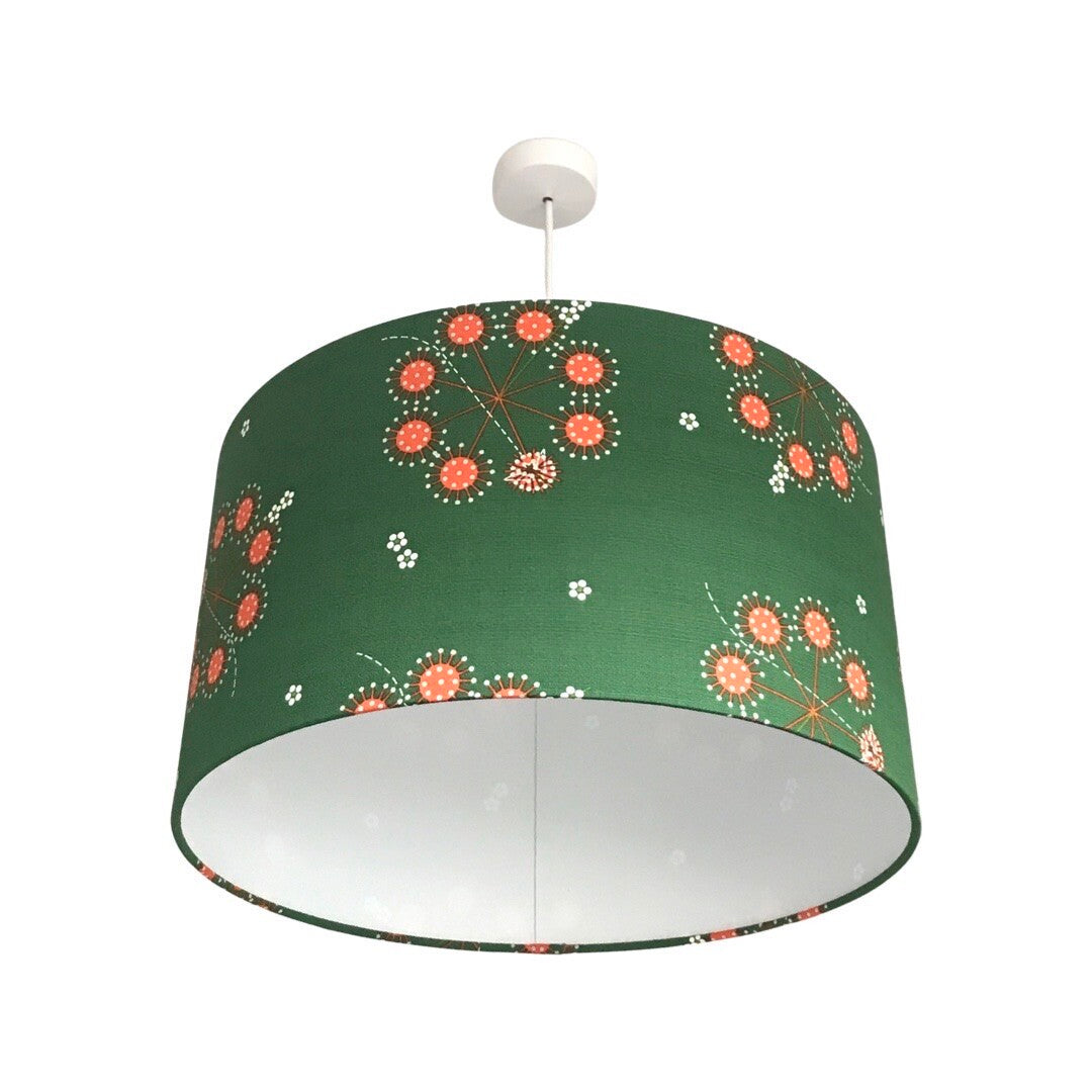Handmade drum lampshade covered in gorgeous Charley Harper green barkcloth with retro orange clusters.