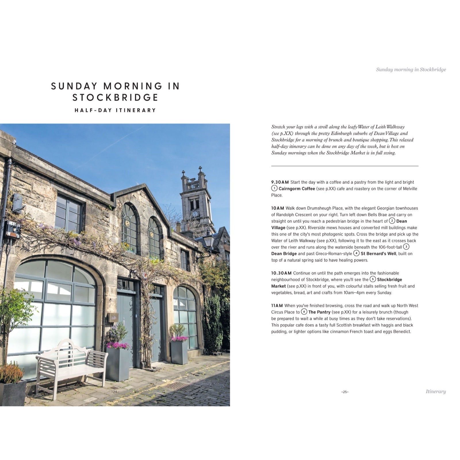 Page from a guidebook featuring a scenic view of a building with a clock tower and text about a half-day itinerary in Stockbridge.