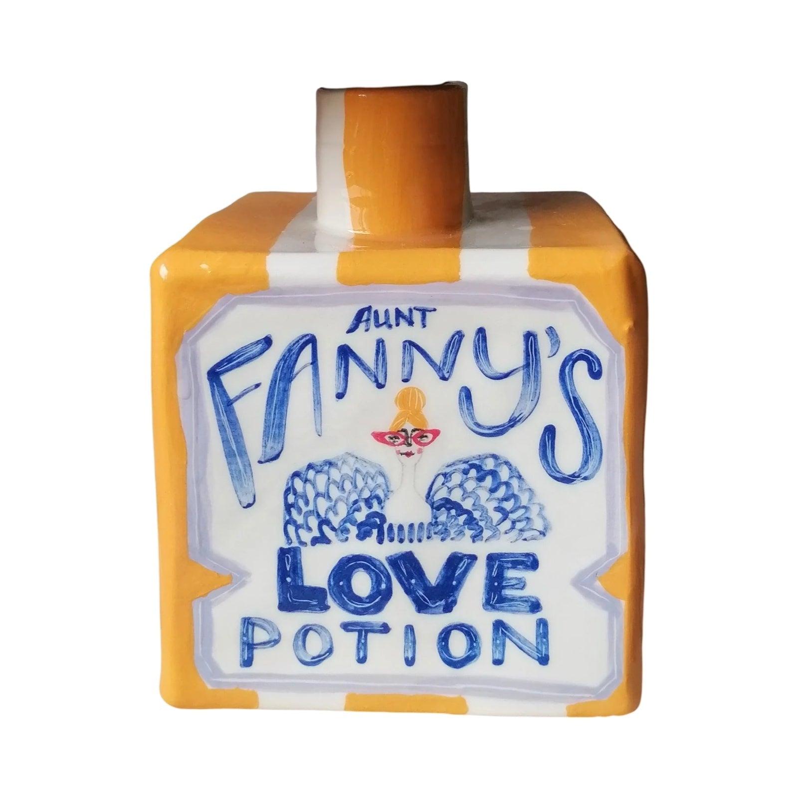 Yellow and white striped ceramic vase with a picture of 'Aunt Fanny' on the front and the text 'Aunt  Fanny's Love Potion'.