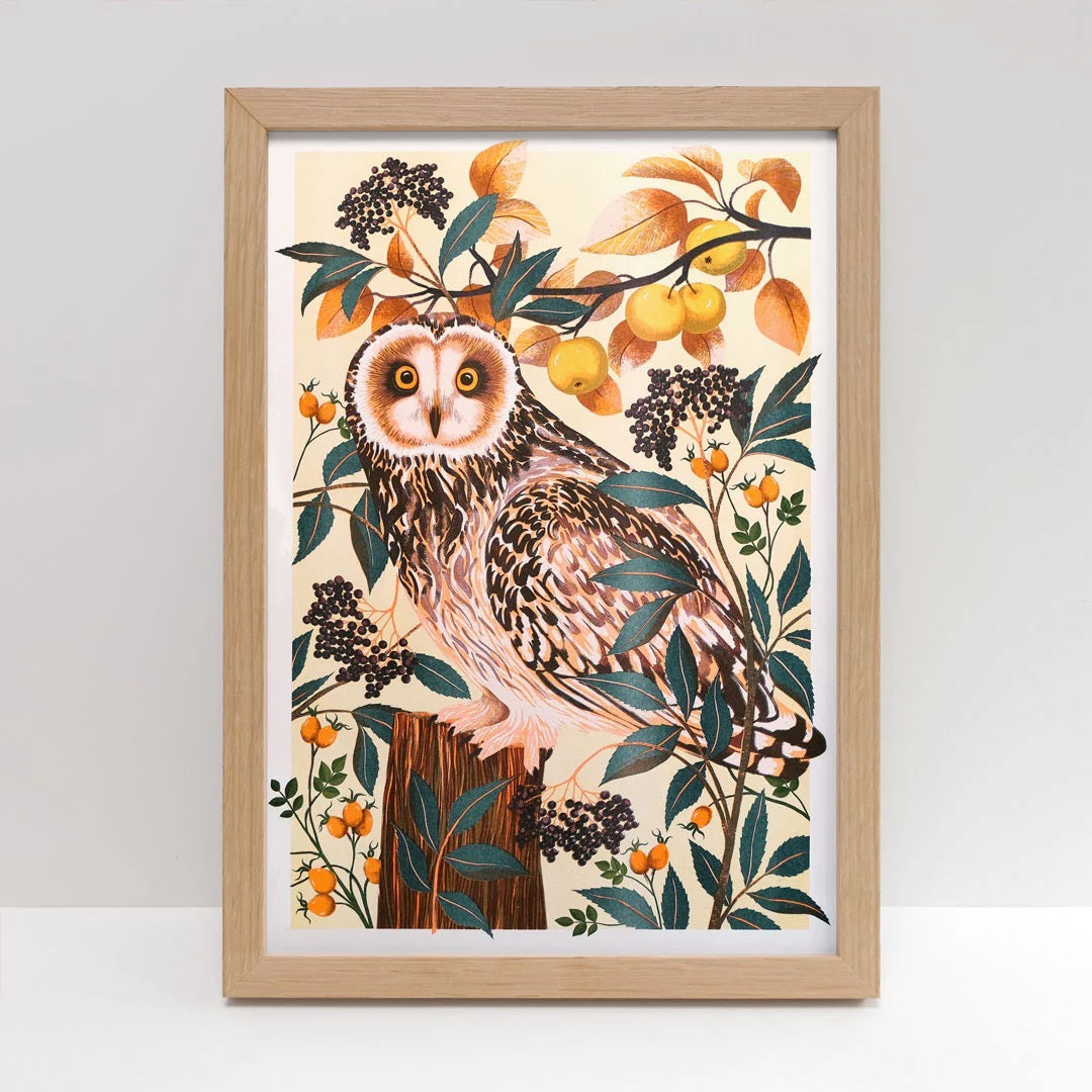 Framed artwork of an owl among leaves and fruits on a white background.