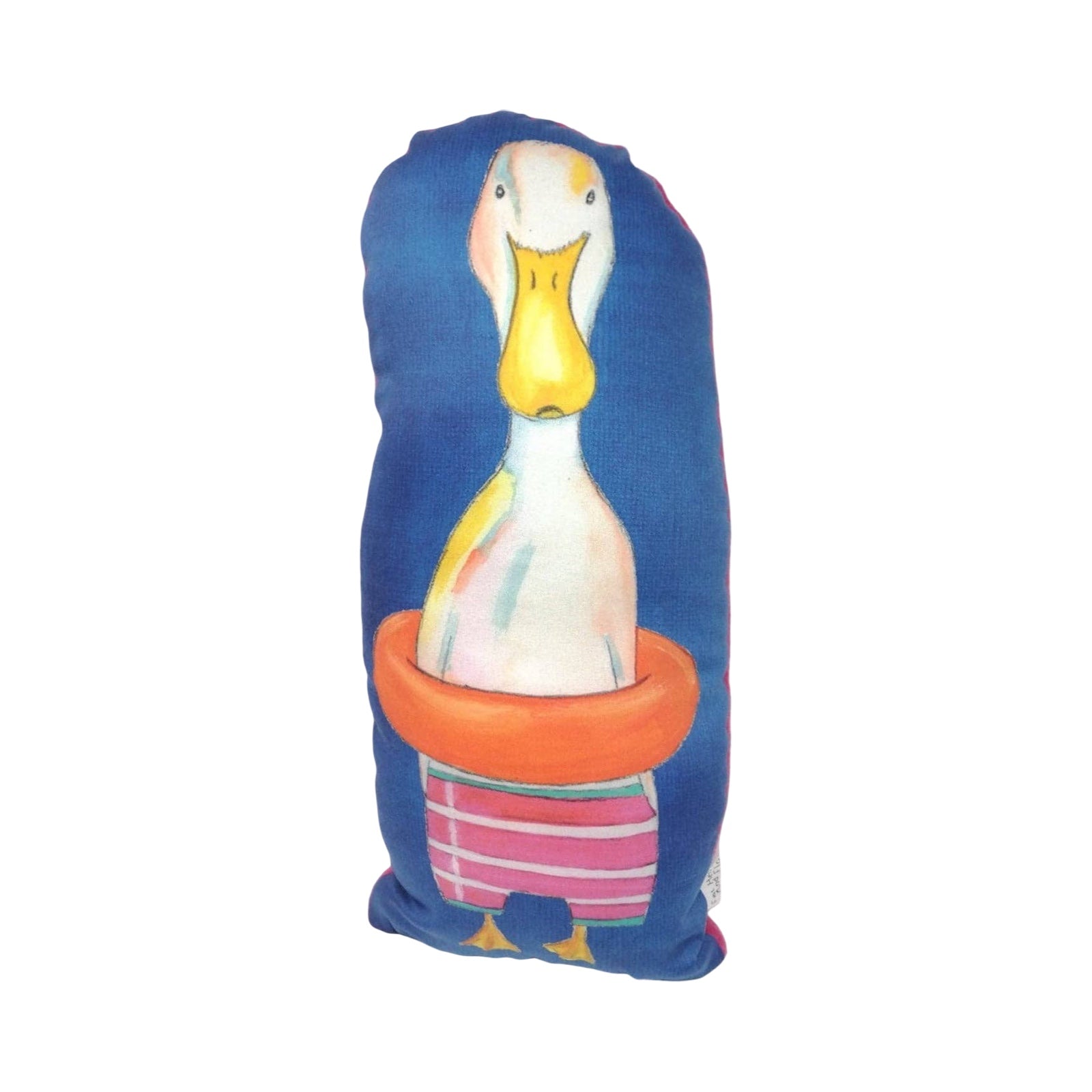 Plush toy duck in a blue shell with a white background.