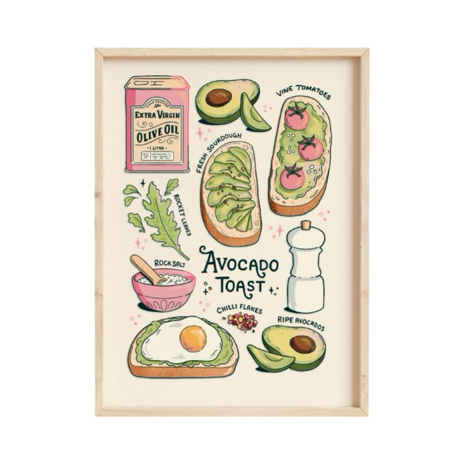 This art print features illustrations of the ingredients to make delicious avocado toast in lovely pinks and greens.