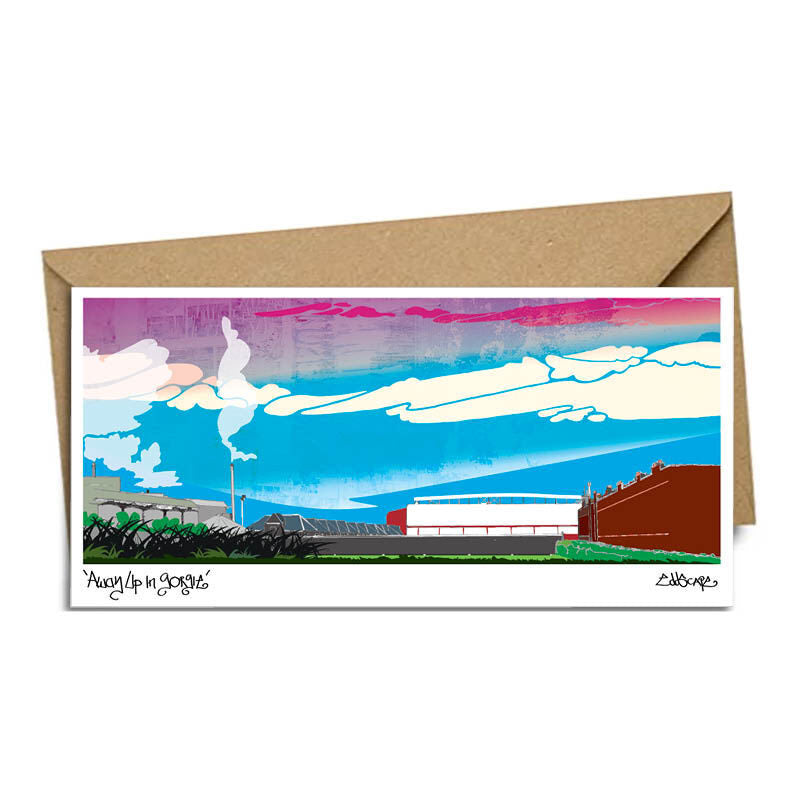Away up in Gorgie card featuring an illustration of Heart of Midlothian FC's Tynecastle Stadium in Edinburgh