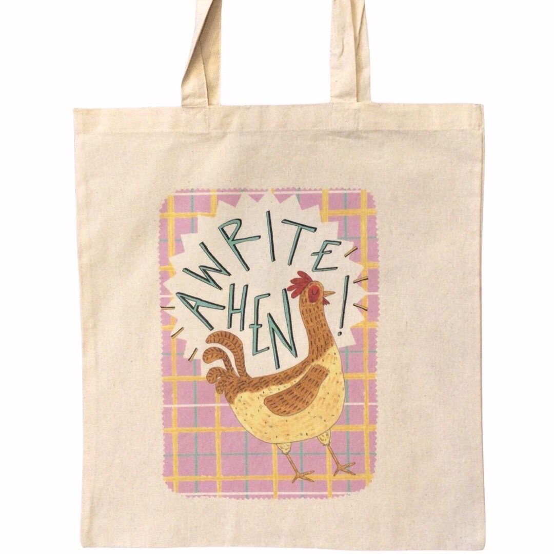 Tote bag featuring an illustration of a hen and the text 'Awrite Hen' on a pink tartan background.