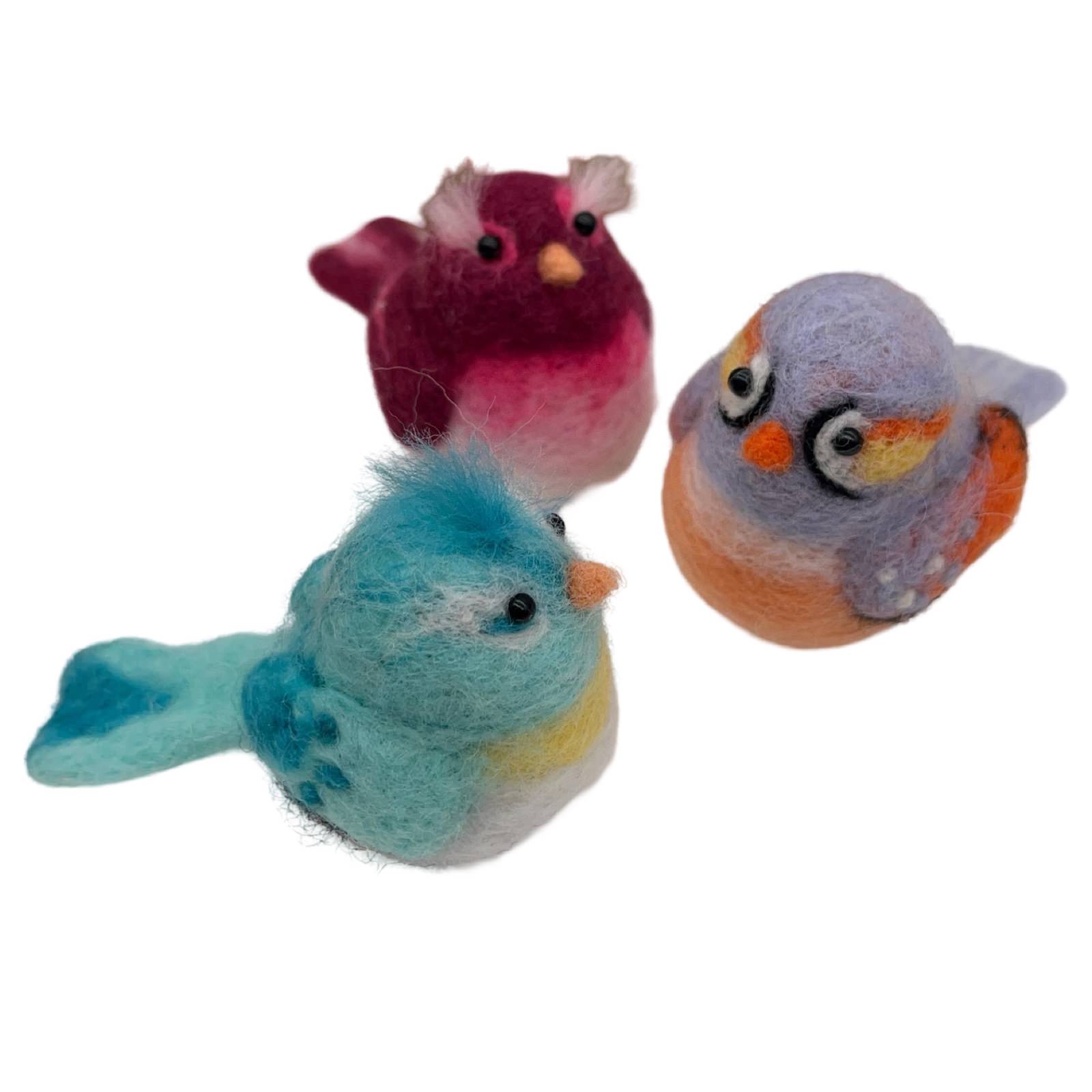 3 felted baby birds, 1 blue, 1 red and 1 orange