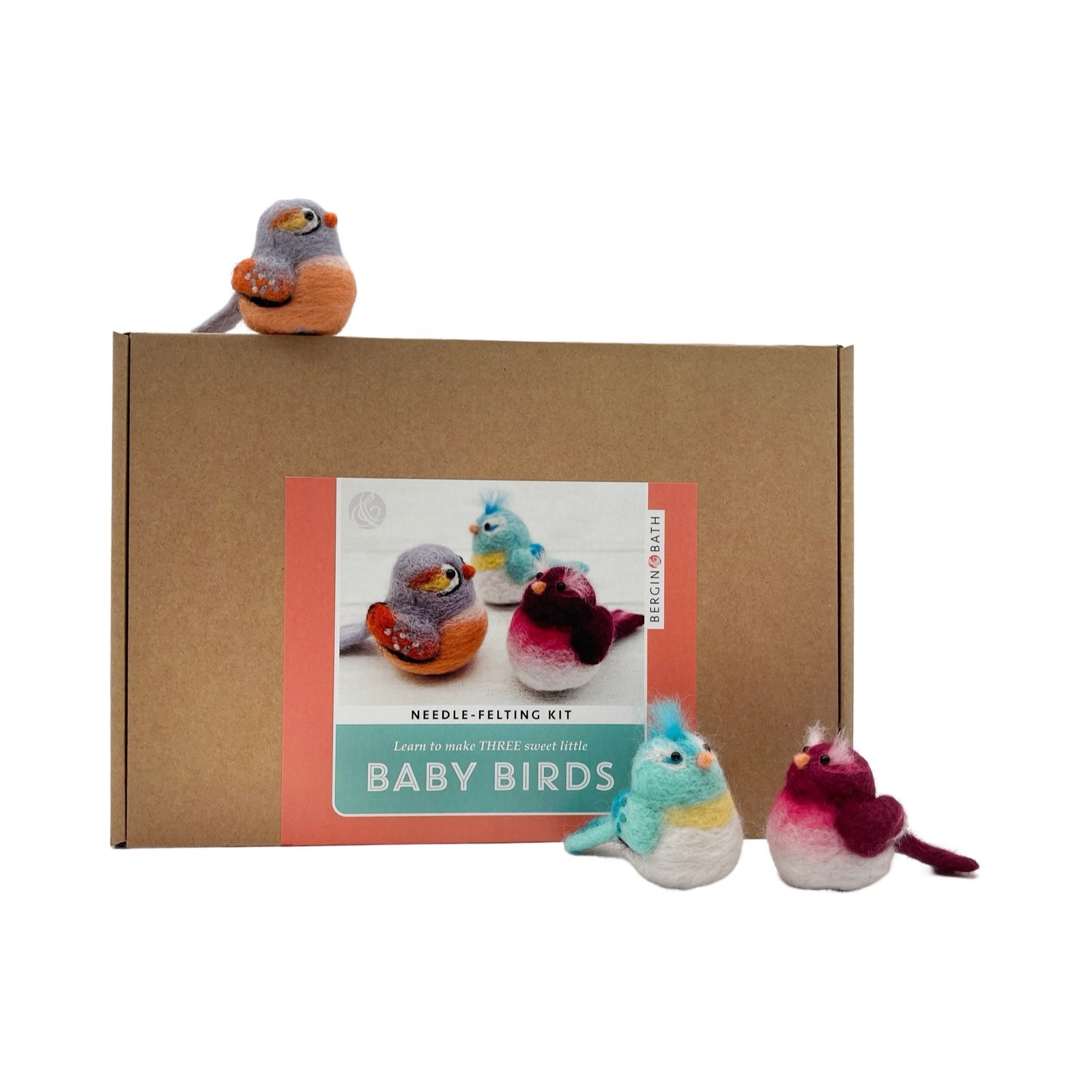 A brown box with a picture of three felted baby birds