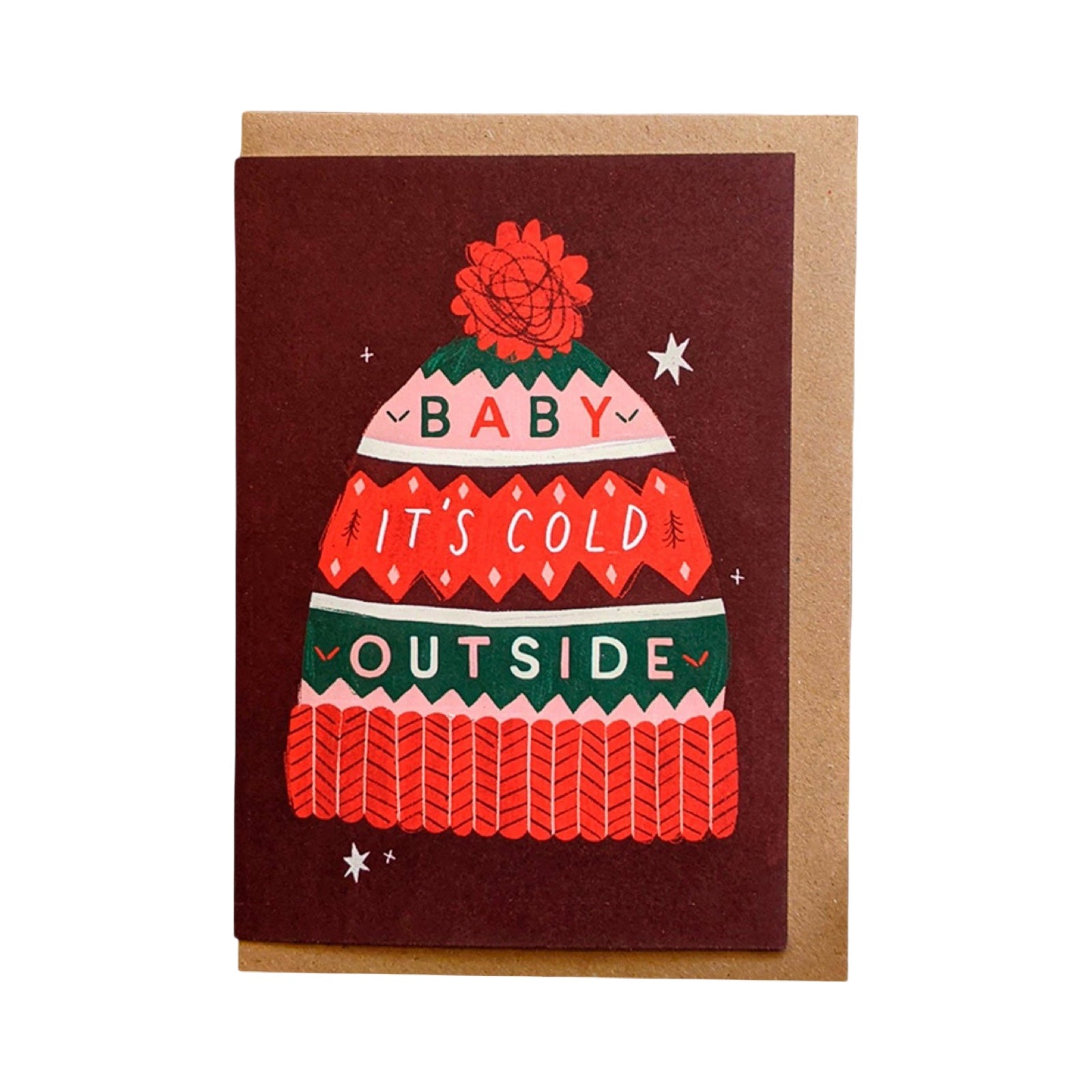 Greeting card with a winter bobble hat design on a brown background.