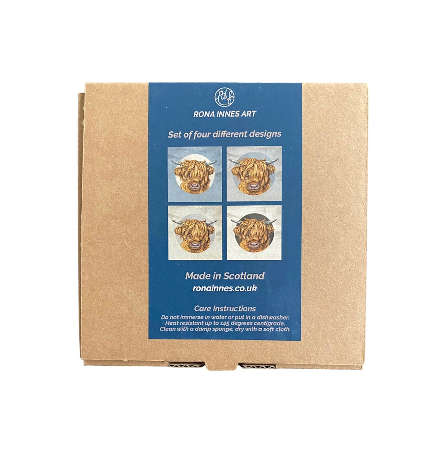An image of the back of a highland cow boxed coaster set.