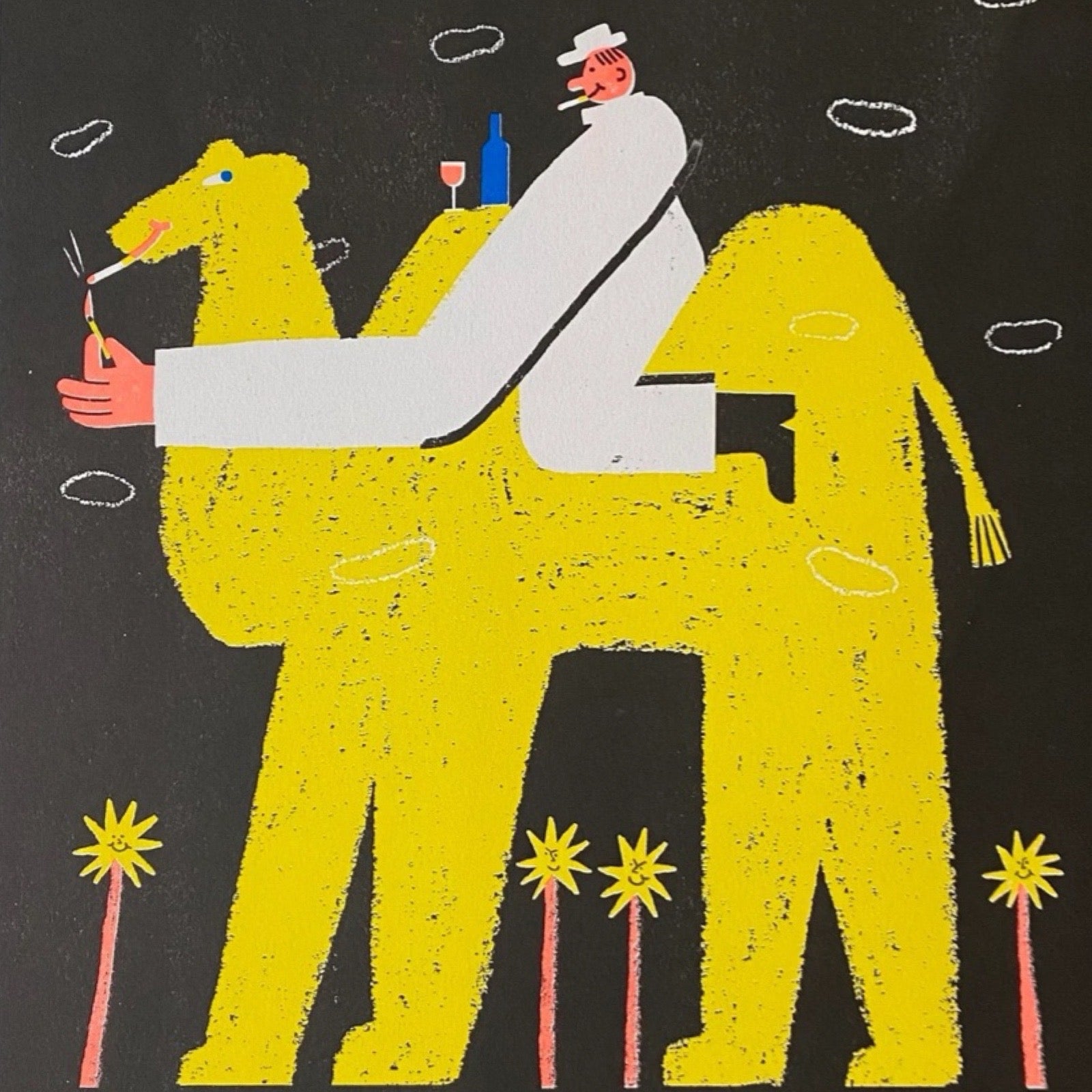 Risograph print of a man riding a giant yellow camel whilst smoking and drinking, all against a black background and the text 'Bad Influence'.