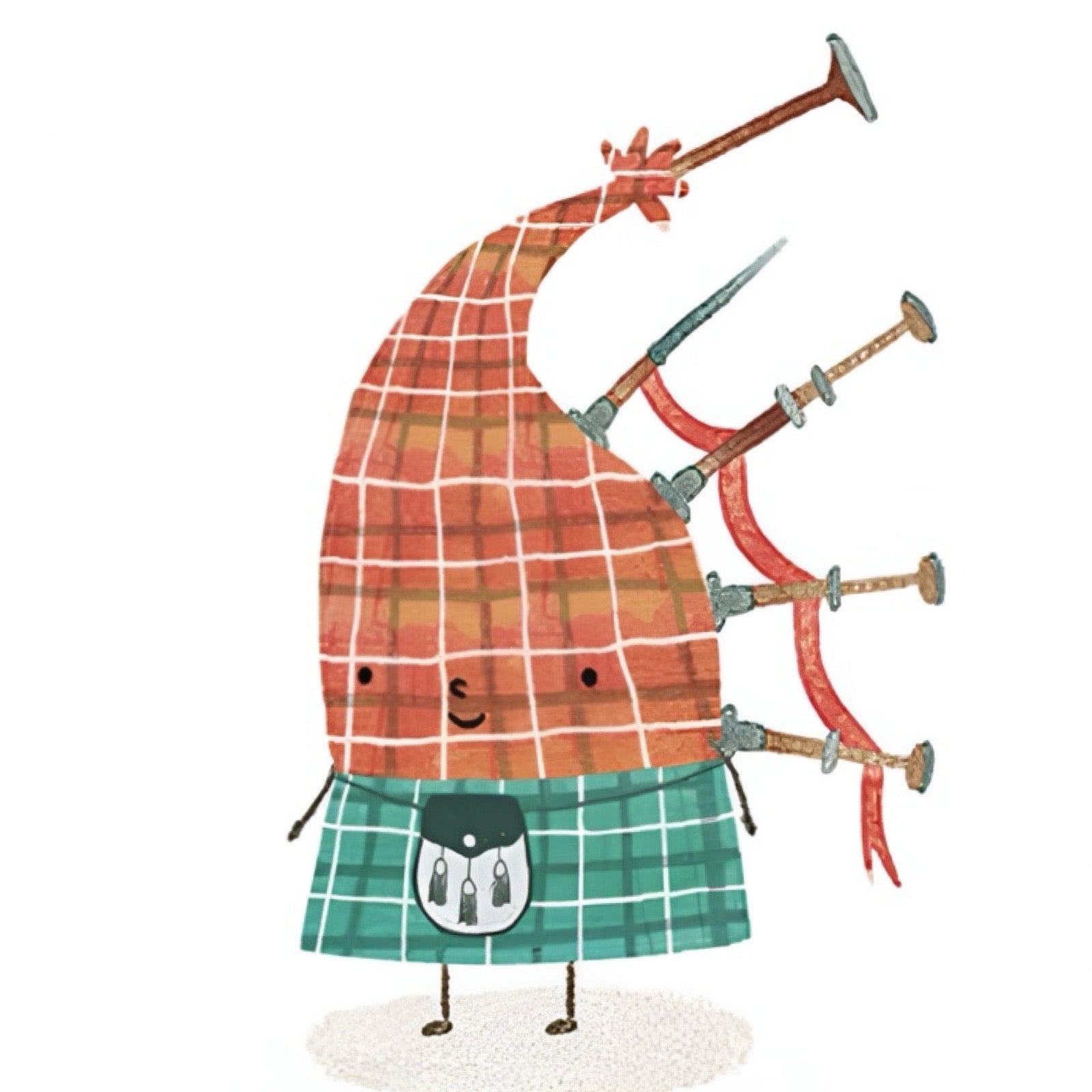 This postcard illustrates a set of red tartan bagpipes wearing a green tartan kilt.