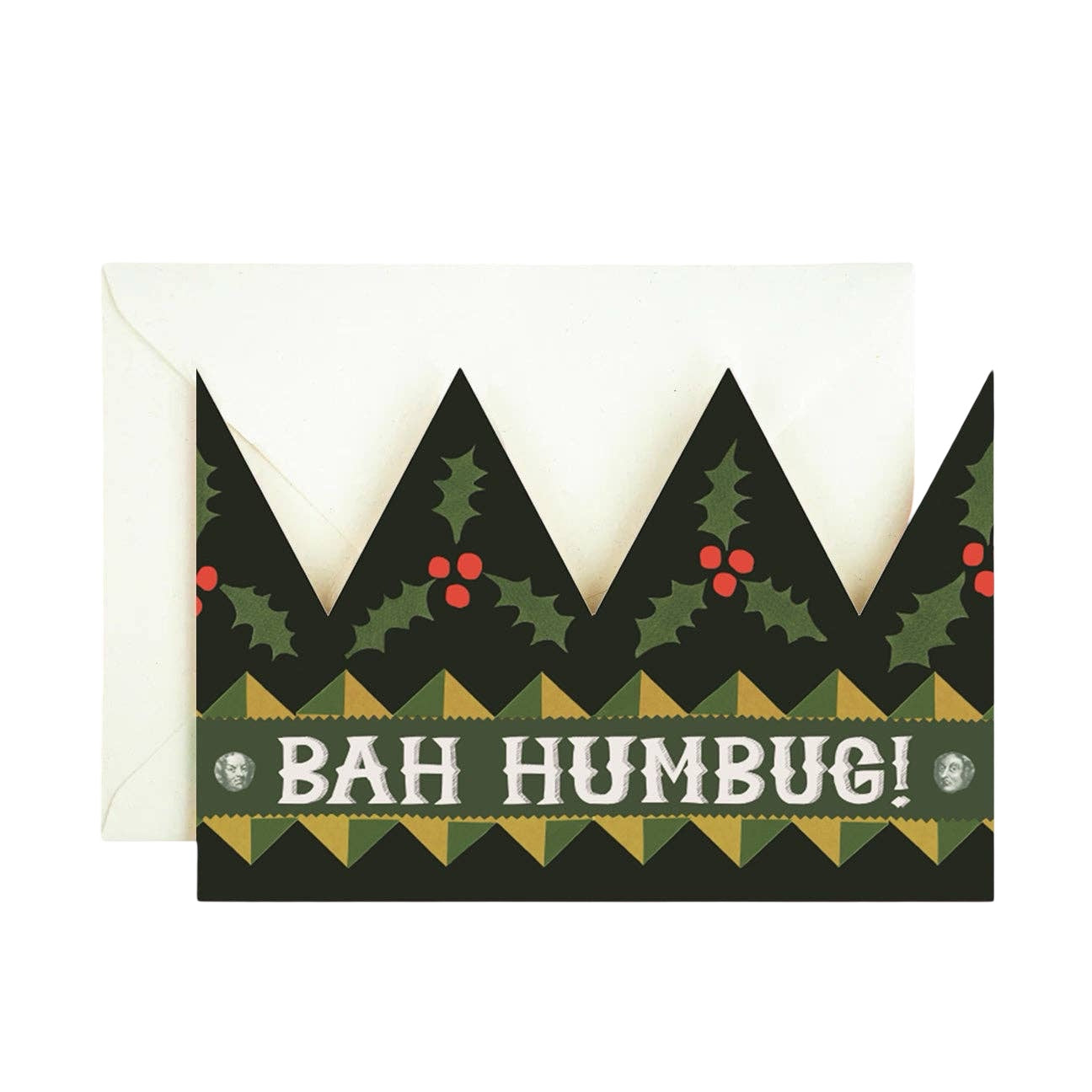 A Christmas crown-shaped card with a red and green holly pattern with the text 'Bah Humbug' written below.