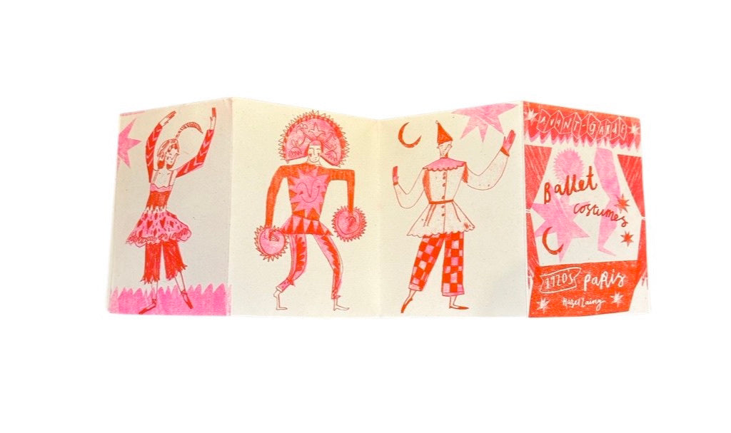This hand-drawn ballet costume's zine is risograph printed in red and fluro pink.