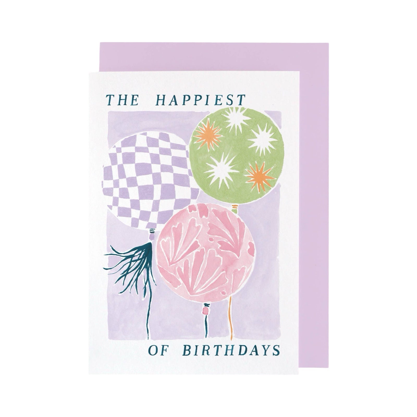 Birthday card featuring 3 pastel coloured balloons ,one purple and white checks, one green with white and orange stars and one pink with pink and white leaves with the text 'The Happiest of Birthdays'.