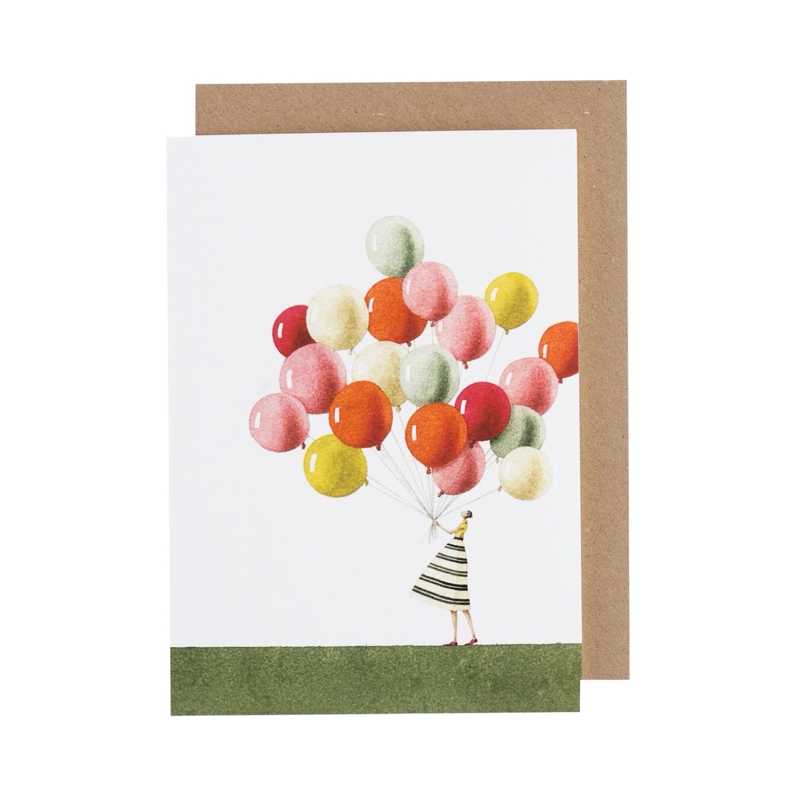 Card featuring an illustration of a lady wearing a black and white striped dress holding a giant colourful bunch of balloon