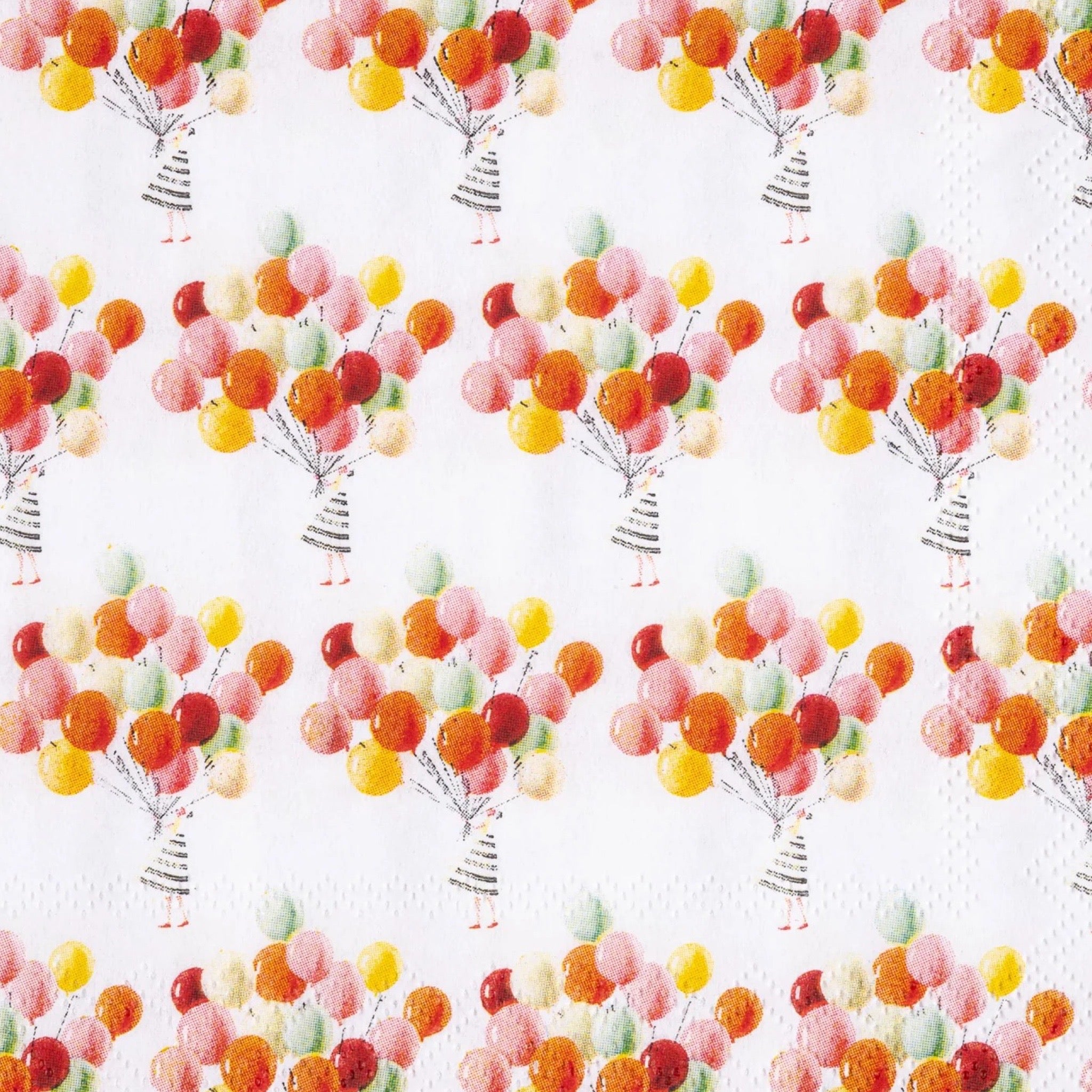 Paper napkin featuring multiple bunches of colourful balloons being held by a fabulously dressed woman.