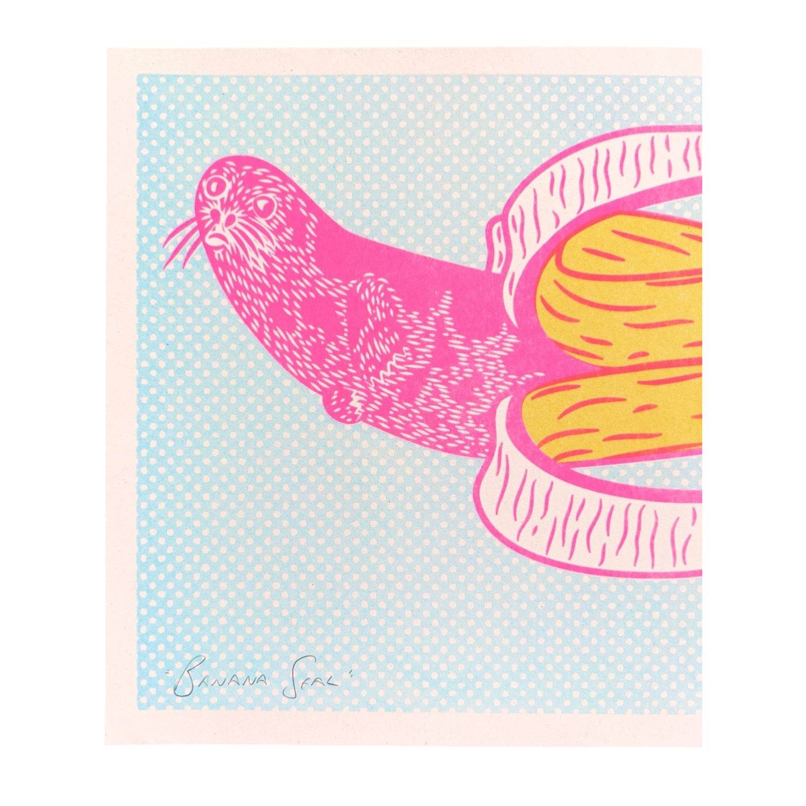 Illustration of a pink seal in a yellow banana skin on a light blue background.