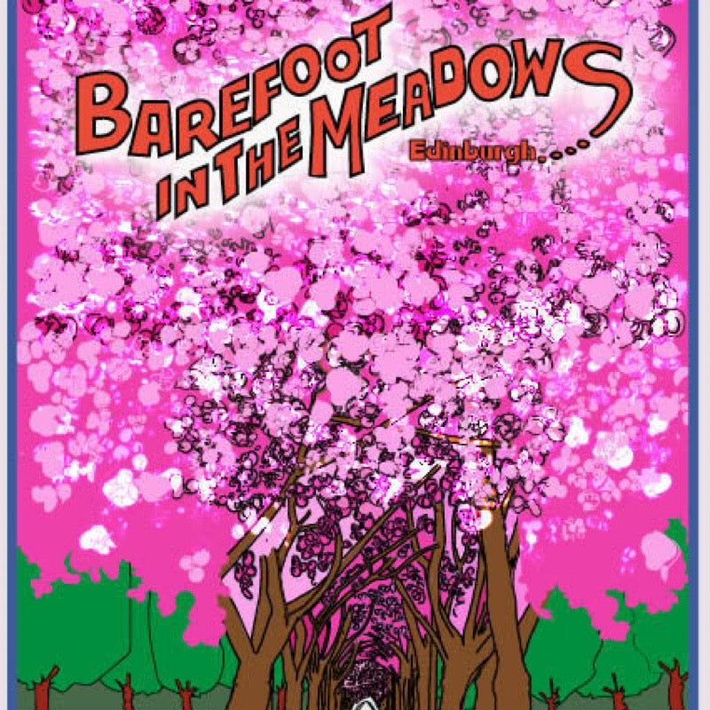 Card for 'Barefoot in the Meadows' event with cherry blossom trees on a pink background.