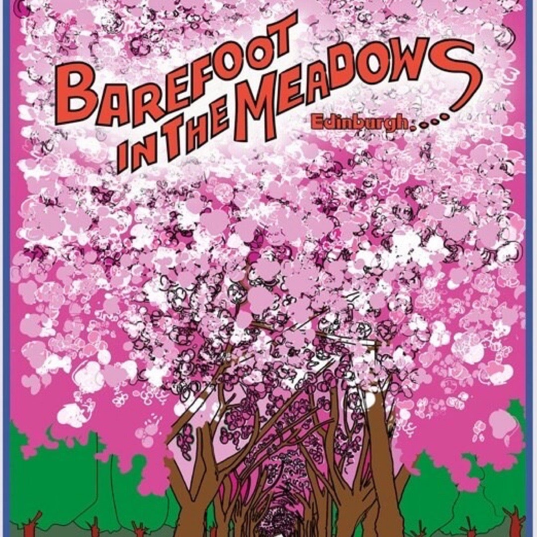 Illustration of cherry blossoms with 'Barefoot in the Meadows Edinburgh' text on a pink background.