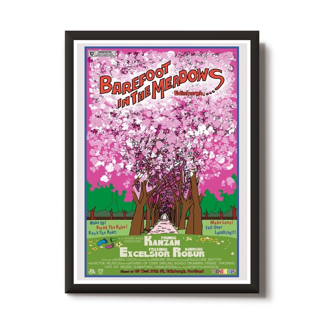This print features a movie poster design with an illustration of the Meadows in Edinburgh with the cherry blossom trees in full bloom.