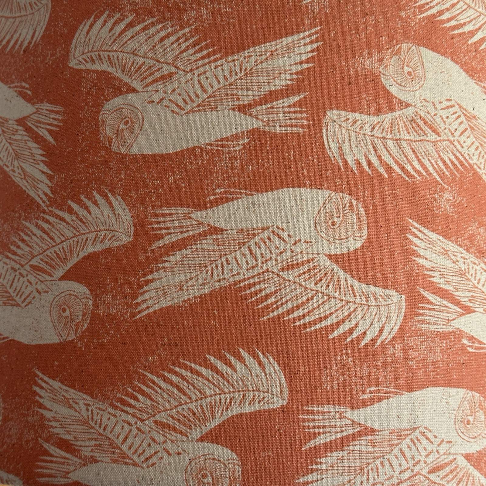 Coral fabric with cream flying barn owls