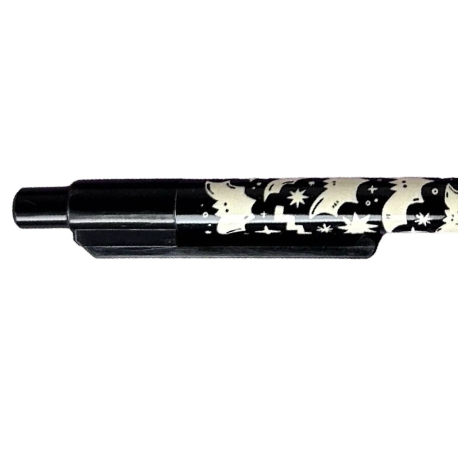 Ballpoint pen with a white bat design against a black background. 