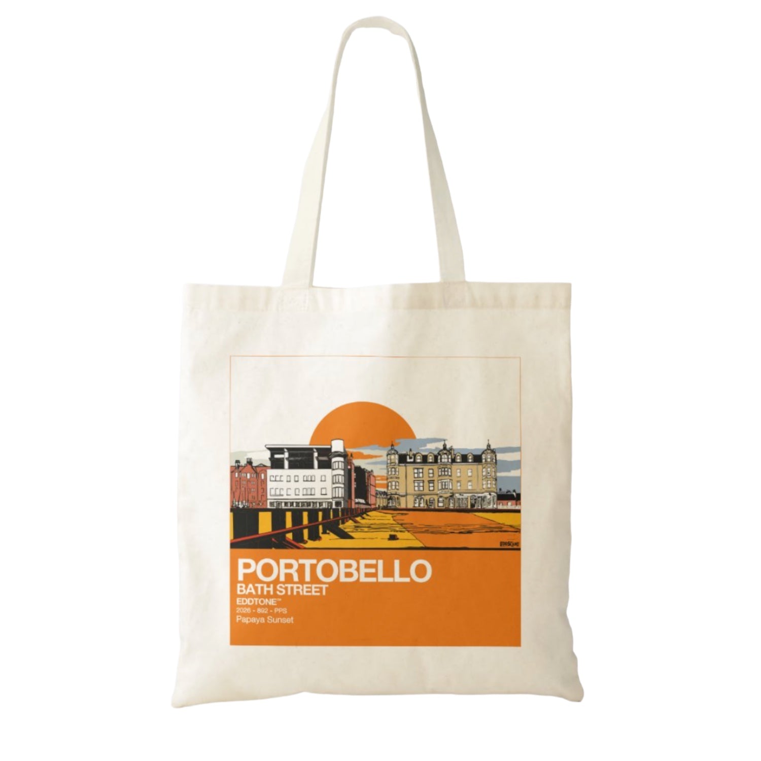 This tote bag features a square design of an illustration of Bath St. Portobello, Edinburgh