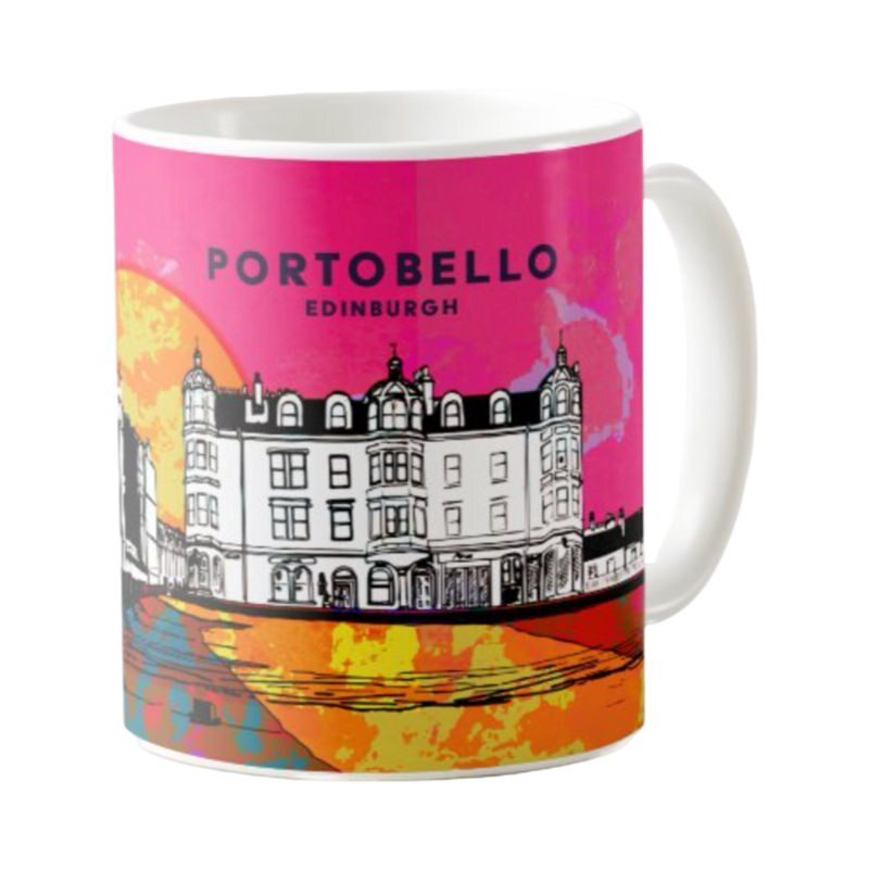 Classic mug featuring a striking panoramic artwork of Bath Street and Portobello Beach in Edinburgh at sunset